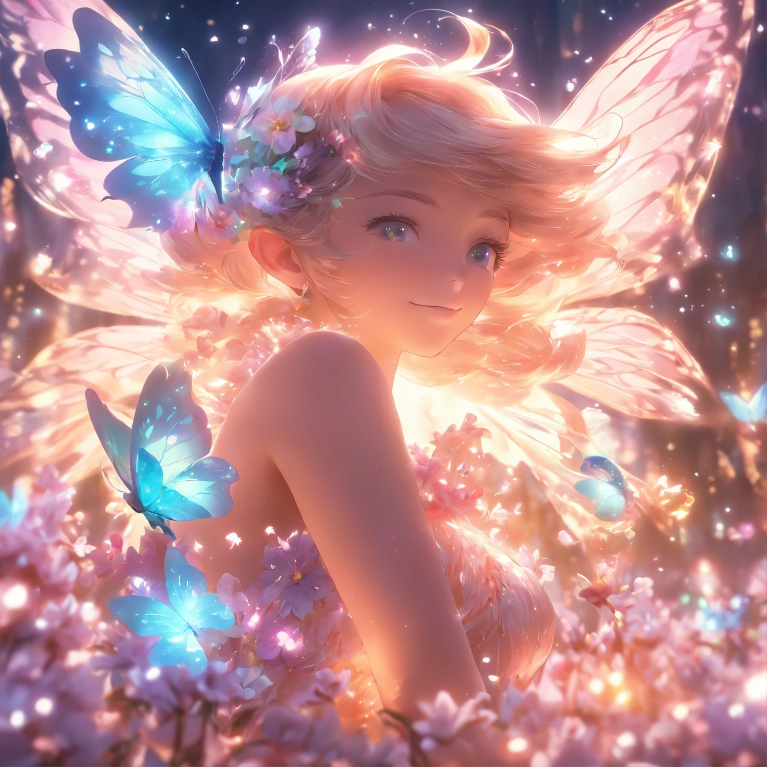 one-girl,closeup cleavage,Elves in flowers,A pair of transparent butterfly wings,Colorful wings,(A skirt composed of petals:1.5),The petals float into the sky,(Petals of various flowers),best qualtiy,tmasterpiece,Photorealsitic,Photorealistic image quality,The dawn effect,Beam light