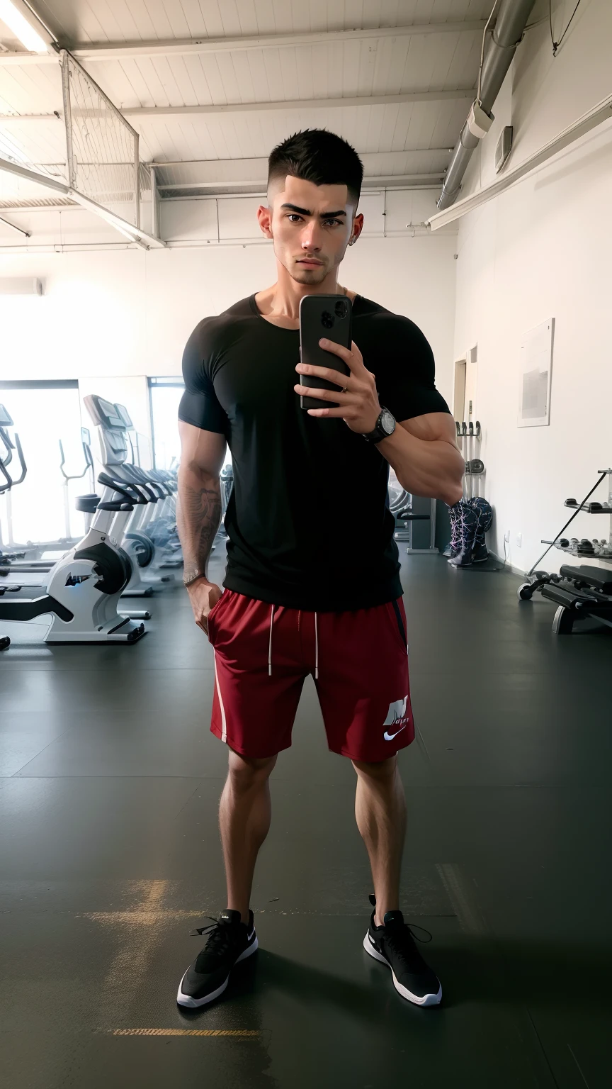 A man, fade haircut, slight muscles, (gym setting) (photorealistic)(real)(Nike sneakers)