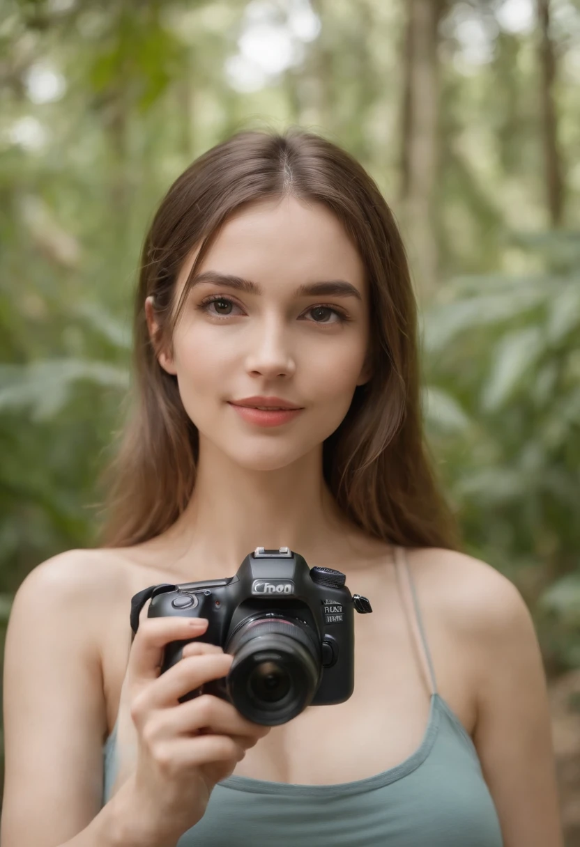 Beautiful girl with wavy long hair, bohemian dress, holding screen with picture of having sex in unique way and showing it to the viewer