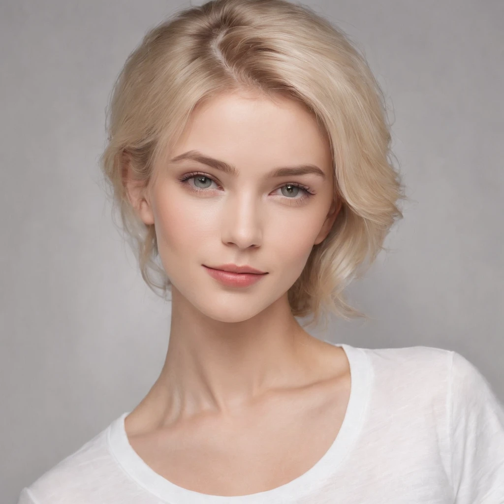 (photo: 1.3) af (realism: 1.4), (((white T-shirt))), (blond lady), super high resolution, (realism: 1.4), 1 girl, female avatar, soft light, Short hair, facial focus, cheerful, young, confident, ((gray background)), (((monochrome background))), high definition, details, slightly looking up, perfect picture, movie quality, ultra high definition, female avatar, beautiful girl , young and beautiful, delicate face, elegant and luxurious