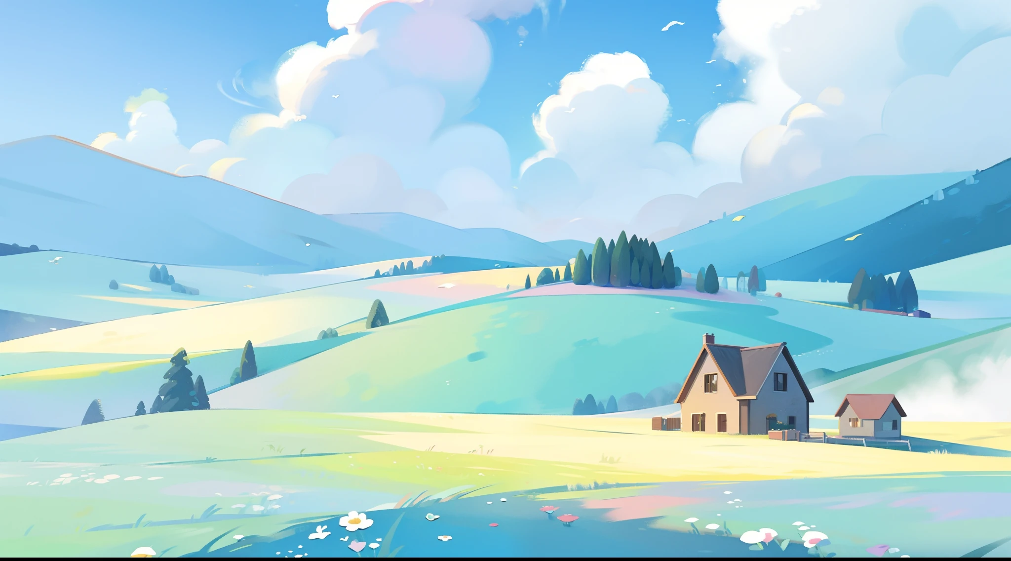 watercolor, children's storybook illustration, clouds, colorful, pastel colors, bright, ((masterpiece)), ((best quality)), 8k, intricate detail, high resolution, highly detailed environment, perfect architecture, sharp focus, highly detailed, fine detail, masterpiece, best quality, tiny details, watercolor storybook illustration, ((countryside)), watercolor illustration, whimsical, bright colors, huge (farmhouse) mansion barn, colorful flowers, (farmland), (farm)