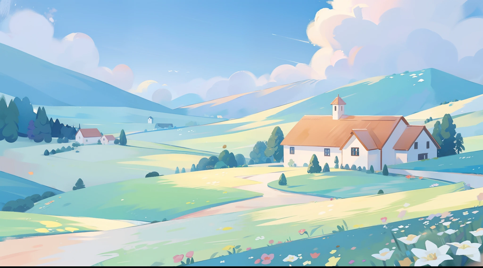 watercolor, children's storybook illustration, clouds, colorful, pastel colors, bright, ((masterpiece)), ((best quality)), 8k, intricate detail, high resolution, highly detailed environment, perfect architecture, sharp focus, highly detailed, fine detail, masterpiece, best quality, tiny details, watercolor storybook illustration, ((countryside)), watercolor illustration, whimsical, bright colors, huge (farmhouse) mansion barn, colorful flowers, (farmland), (farm)