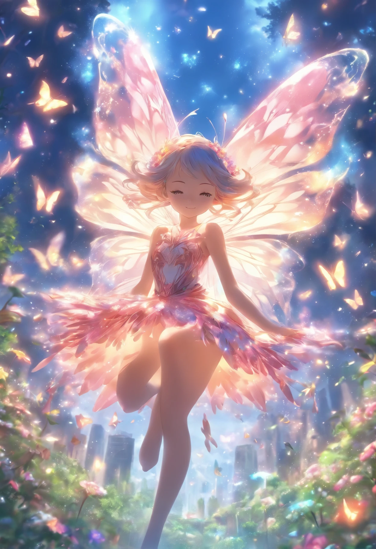 one-girl，Thighs above the knee，Elves in flowers，A pair of transparent butterfly wings，Colorful wings，（A skirt composed of petals：1.5），The petals float into the sky，（Petals of various flowers），best qualtiy，tmasterpiece，Photorealsitic，Photorealistic image quality，The dawn effect，Beam light