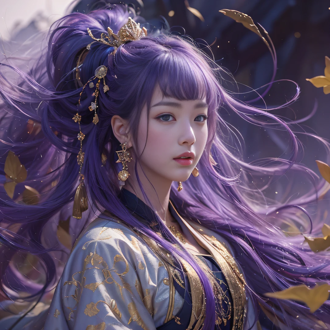 Genki Girl 32K（tmasterpiece，k hd，hyper HD，32K）Long flowing bright purple hair，Autumn Pond，zydink， a color， Asian people （Genki girl）， （Silk scarf）， Combat posture， looking at the ground， long whitr hair， Floating bright purple， Fire cloud pattern gold tiara， Chinese long-sleeved gold silk garment， （Abstract metaverse splash：1.2）， white backgrounid，Lotus vitality protector（realisticlying：1.4），Bright purple hair，Smoke on the road，The background is pure， A high resolution， the detail， RAW photogr， Sharp Re， Nikon D850 Film Stock Photo by Jefferies Lee 4 Kodak Portra 400 Camera F1.6 shots, Rich colors, ultra-realistic vivid textures, Dramatic lighting, Unreal Engine Art Station Trend, cinestir 800，A girl with long flowing bright purple hair