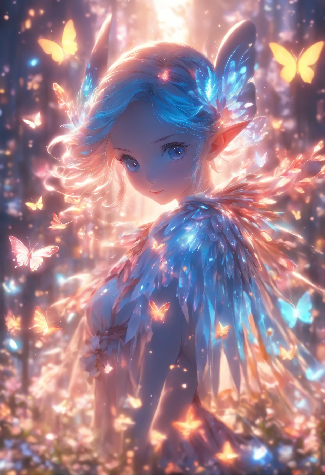 one-girl,Thighs above the knee,Elves in flowers,A pair of transparent butterfly wings,Colorful wings,(A skirt composed of petals:1.5),The petals float into the sky,(Petals of various flowers),best qualtiy,tmasterpiece,Photorealsitic,Photorealistic image quality,The dawn effect,Beam light
