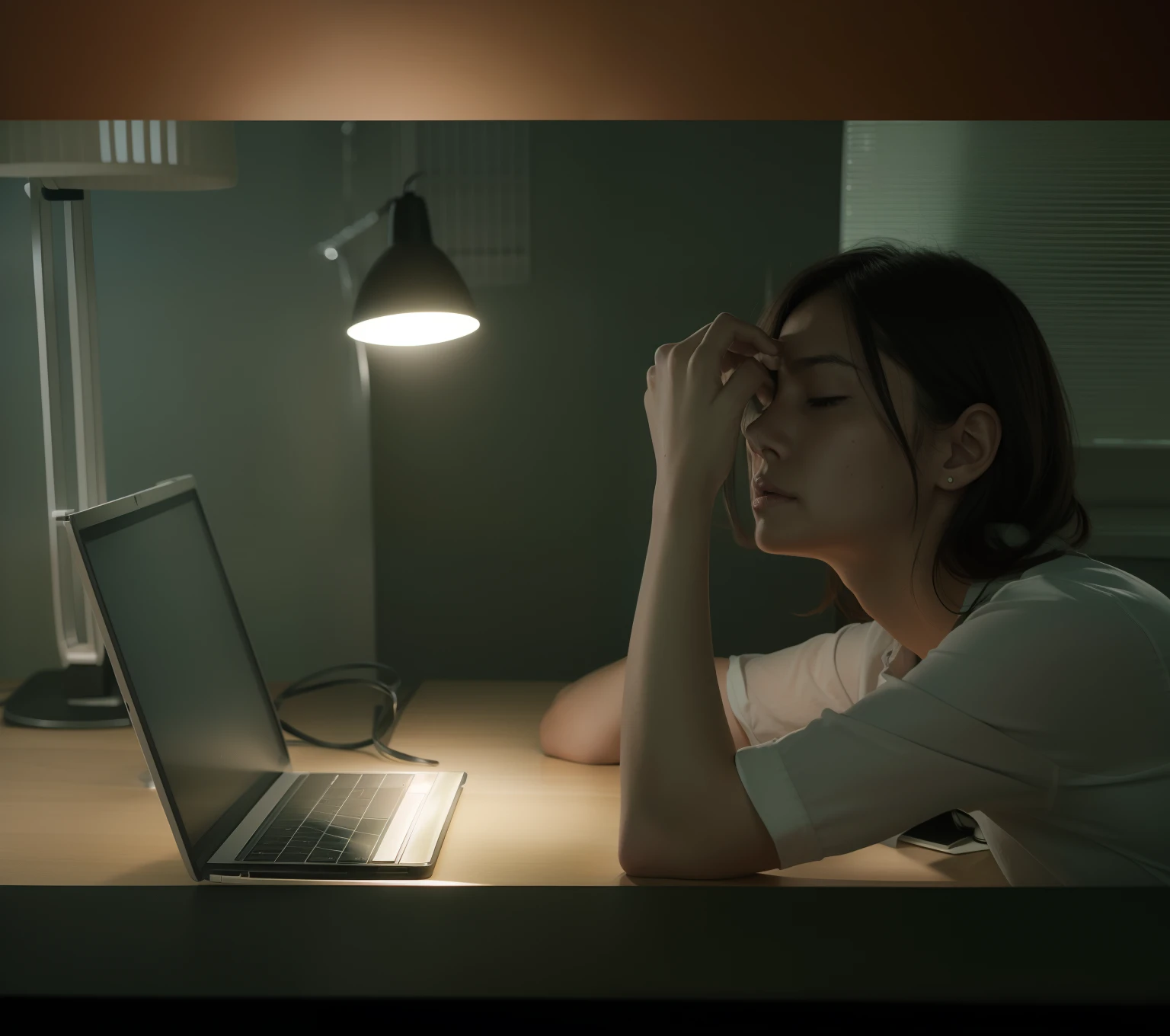 Woman sitting at desk，There is a laptop in front of you, woman very tired, dim lit, movie still of a tired, hard lighting!, lightsout, Dim fluorescent lamps, Dim lighting, sleep deprived, inadequate light, hard lighting, light falling on face, movie screen shot, photo - shot, Low lighting, late night melancholic photo