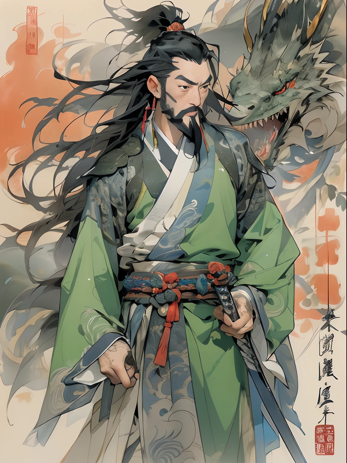 (((China-style，Ink painting method，Half-length portrait，Intense color，Han dynasty, China，Hanfu，Armor，Guan yu，Guan Yunchang，of a guy，Ruddy killing square face，Hold the Blue Dragon Moon Knife in his right hand，Stroke your beard with your left hand，Long hair，petty eyes，Green robe))), (((best qualityer))), (((tmasterpiece))), (((AS-Adult))), ((( Japanese ))), Look up from your knees, Handsome Asian samurai，perfect body figure, Modern samurai, ((( Asian))), Wear gloves on your hands，The left arm is made of steel and metal tips，Made of protective devices, The eyes are pulled, (( Appears below the chest )), (( Small dental floss )), Simon Bisley, Almost naked（Simon Bisley）Castle City Wilderness，For high-resolution posters, hair straight, Minimum clothing, armure (Crazy clothes ), Full of tips and rivets, tribal tattoos, (((full bodyesbian))), Straight brunette hair，Colored hair ends