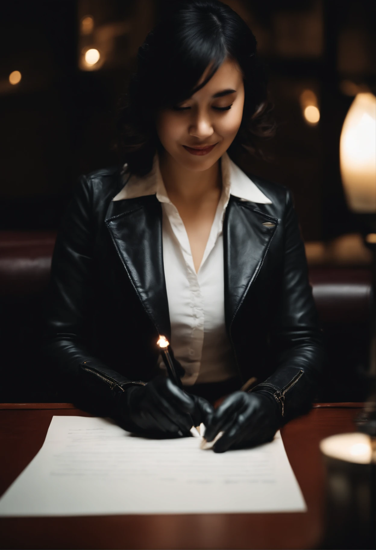 Wearing black leather gloves in both hands, upper body, black leather rider jacket, facing the desk in the dark study, looking down and smiling, writing a letter using a fountain pen, black hair long straight, young Japanese woman (black leather gloves cover both hands)