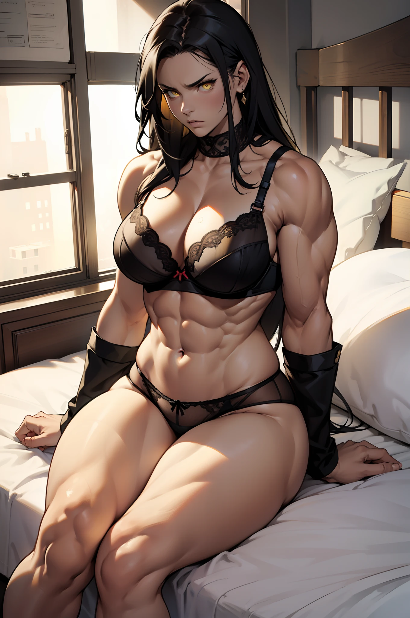 ((((muscular)))), ((thick thighs)), ((large breasts)), (bra and panties), very long hair, yellow eyes, pale skin, angry, in bed, black hair, ((curvy))