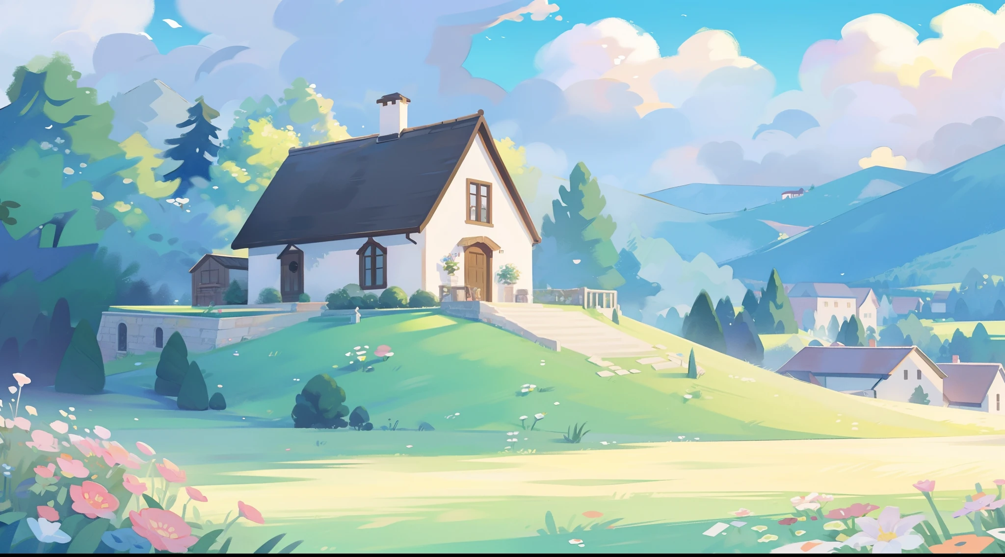 countryside fantasy, watercolor illustration, whimsical, bright colors, huge overgrown stone cottage mansion, princess towers, gazebo, sharp details, meadow, vines, colorful flowers, perfect architecture, watercolor, children's storybook illustration, clouds, colorful, pastel colors, bright, ((masterpiece)), ((best quality)), 8k, intricate detail, high resolution, highly detailed environment, perfect architecture, sharp focus, highly detailed, fine detail, masterpiece, best quality, tiny details, watercolor storybook illustration,
