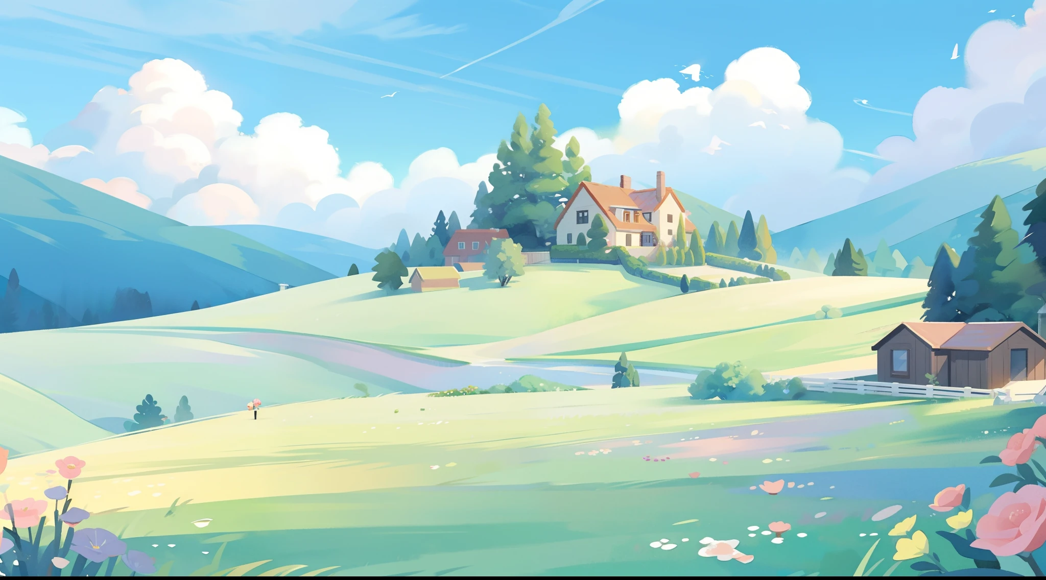 countryside fantasy, watercolor illustration, whimsical, bright colors, huge overgrown stone cottage mansion, princess towers, gazebo, sharp details, meadow, vines, colorful flowers, perfect architecture, watercolor, children's storybook illustration, clouds, colorful, pastel colors, bright, ((masterpiece)), ((best quality)), 8k, intricate detail, high resolution, highly detailed environment, perfect architecture, sharp focus, highly detailed, fine detail, masterpiece, best quality, tiny details, watercolor storybook illustration,