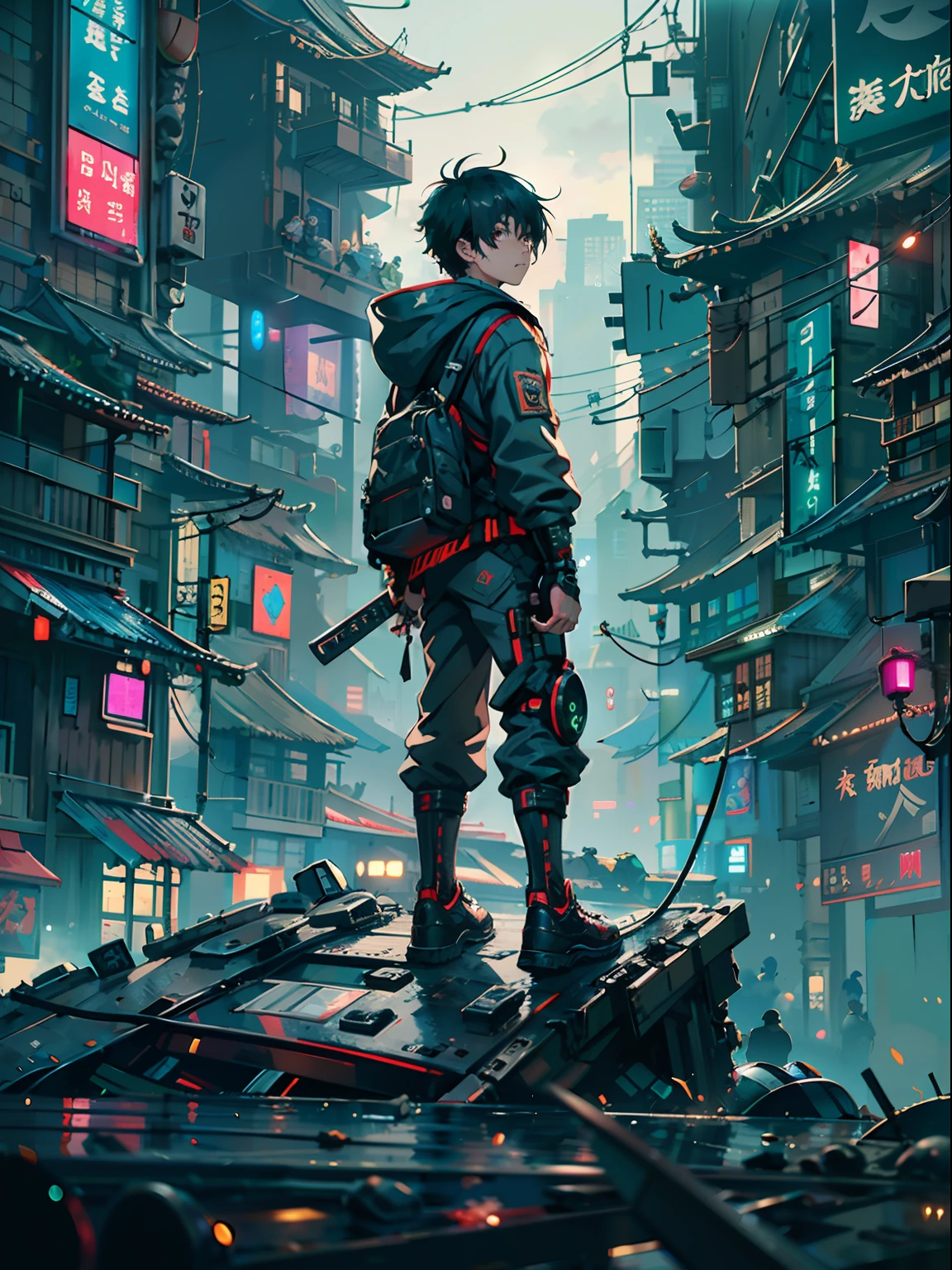 1boy,a 13 yo boy、Cyberpunk Boy、katanas,machine gun、Whole body bloody、The beginning of the adventure、Lots of clouds,heavy fog、starrysky、Moon,Chaotic city of the future、Movie dystopia、A group of very tall skyscrapers stands in the center、Very complex cityscape,Crowded Chinese skyscrapers、street signs、streetlights、taxis、buses、Train、Pretty dim lighting、Dark road、puddles、Chaotic、Beautiful and fantastic scenery、Cinematic scenery、hightquality、masutepiece,in 8K、hight resolution、