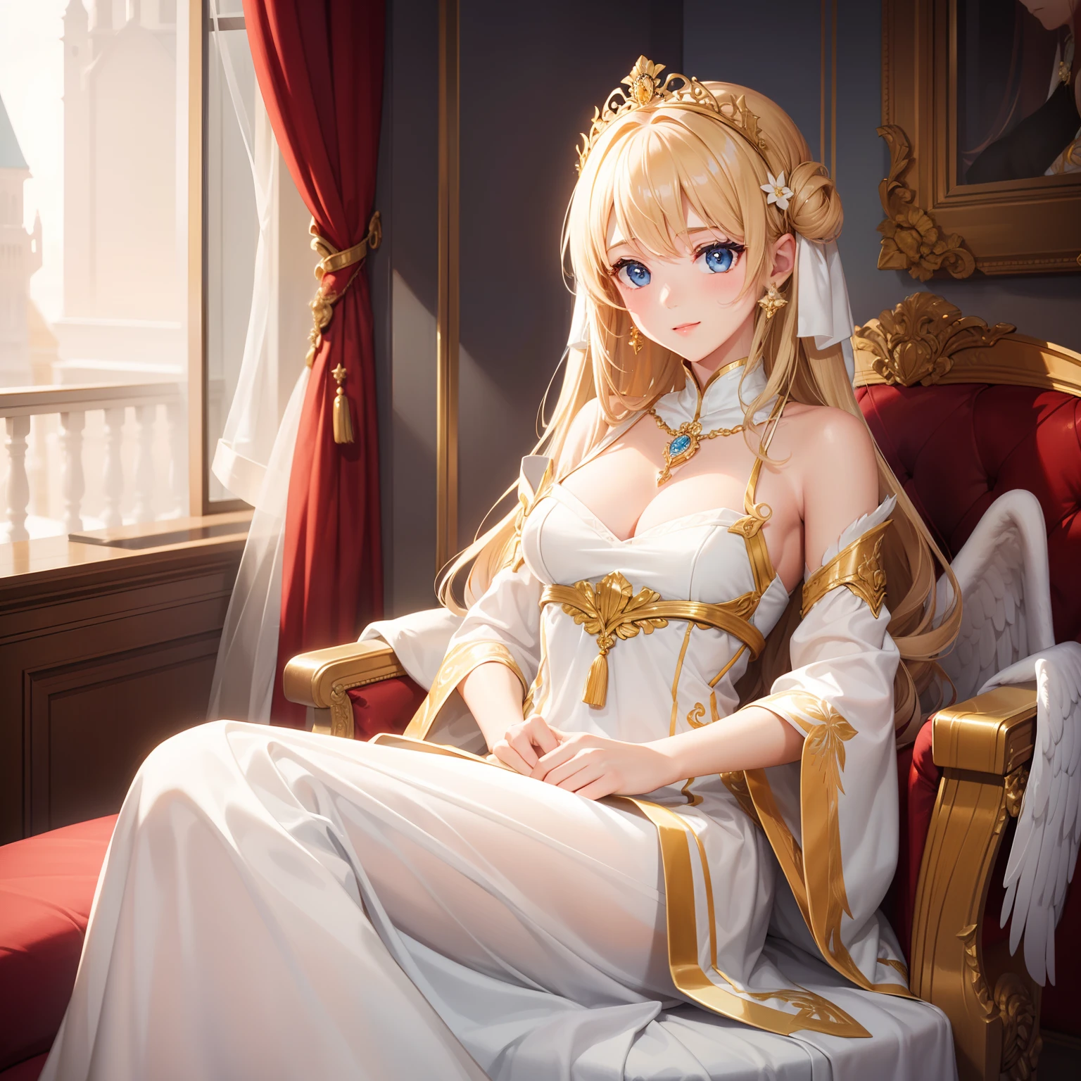 A beautiful girl who has white angel wings and golden hair, wearing typical royal clothes