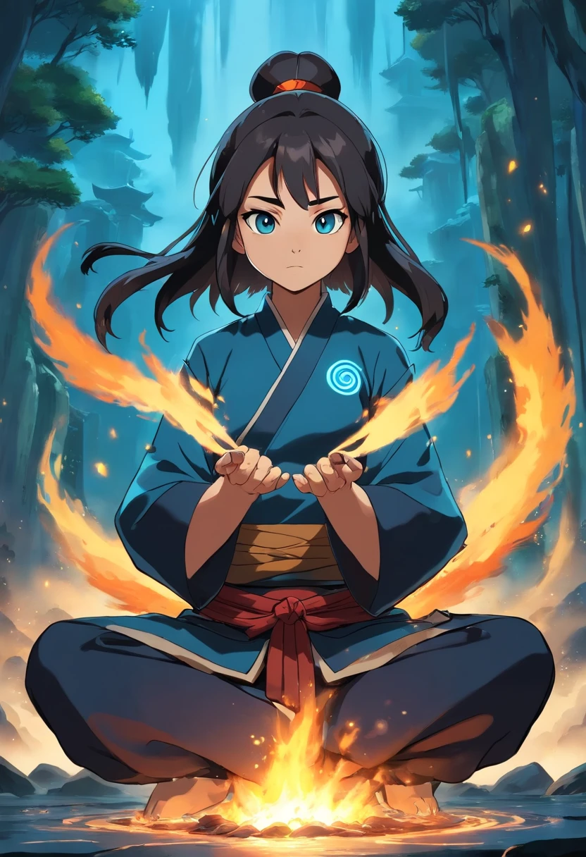 anime do studio ghibli |, melhor qualidade, anime, 1st grade, Ryu, Fire Nation Clothing, Ryu (Sopro de Fogo), masculino, universo (avatar the last airbender), sozinho, cabelos pretos, fire, fogo azul com brasa negros, fogo azul pelo corpo, fogo com a devida cor azul, Escuro, Cabelo samurai, olhos fechados, Meditando, sentado, Avatar Meditation, Meditation training, 16 anos, Fundo Cachoeira, Ryu sopro de fogo, Dominador de Fogo, - Avatar Universe or Last Airbender, roupa preta, blusa preta, luvas pretas, gola alta, black baggy puffy pants, roupa all black, camisa preta de manga comprida.