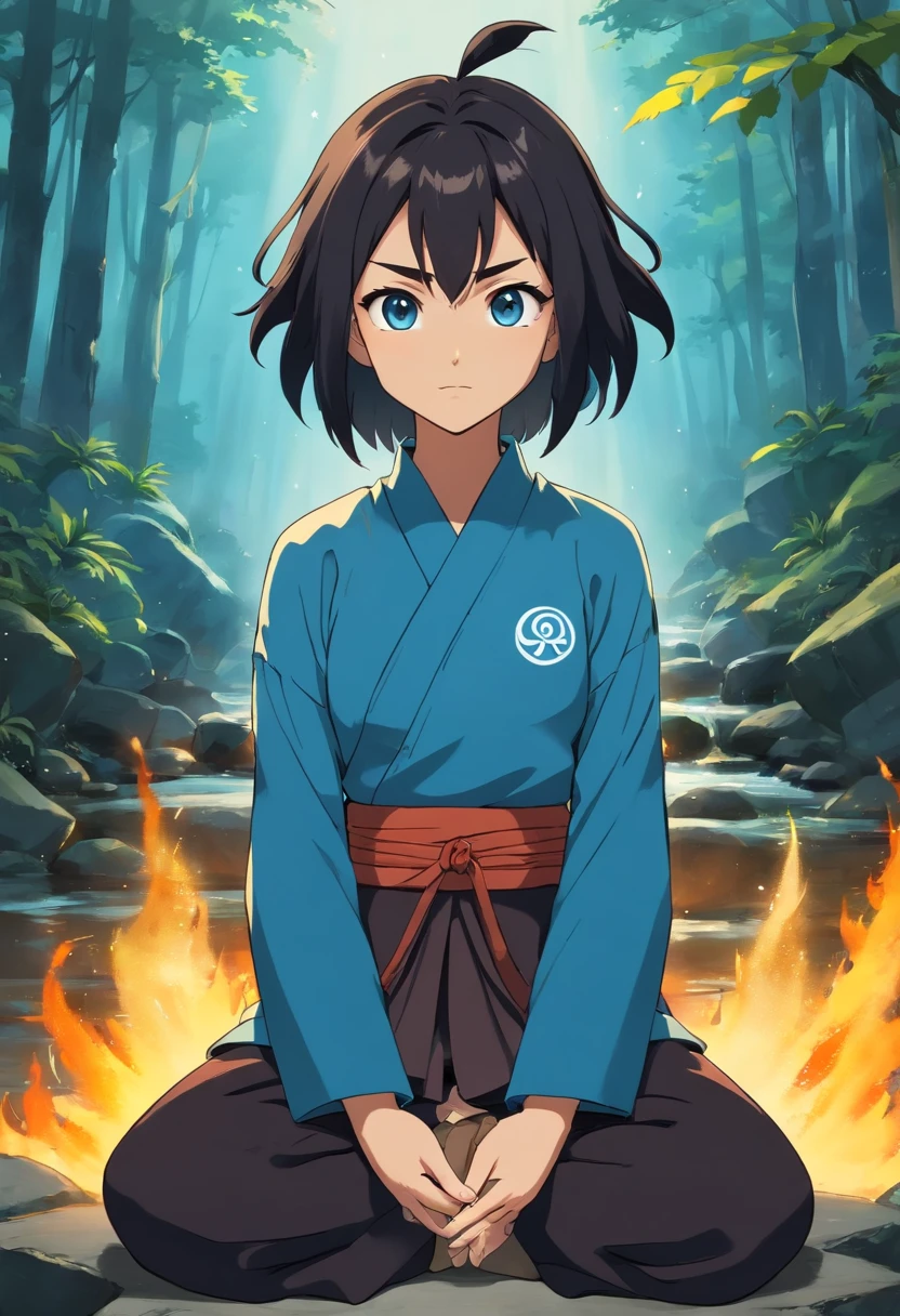 anime do studio ghibli |, melhor qualidade, anime, 1st grade, Ryu, Fire Nation Clothing, Ryu (Sopro de Fogo), masculino, universo (avatar the last airbender), sozinho, cabelos pretos, fire, fogo azul com brasa negros, fogo azul pelo corpo, fogo com a devida cor azul, Escuro, Cabelo samurai, olhos fechados, Meditando, sentado, Avatar Meditation, Meditation training, 16 anos, Fundo Cachoeira, Ryu sopro de fogo, Dominador de Fogo, - Avatar Universe or Last Airbender, roupa preta, blusa preta, luvas pretas, gola alta, black baggy puffy pants, roupa all black, camisa preta de manga comprida.
