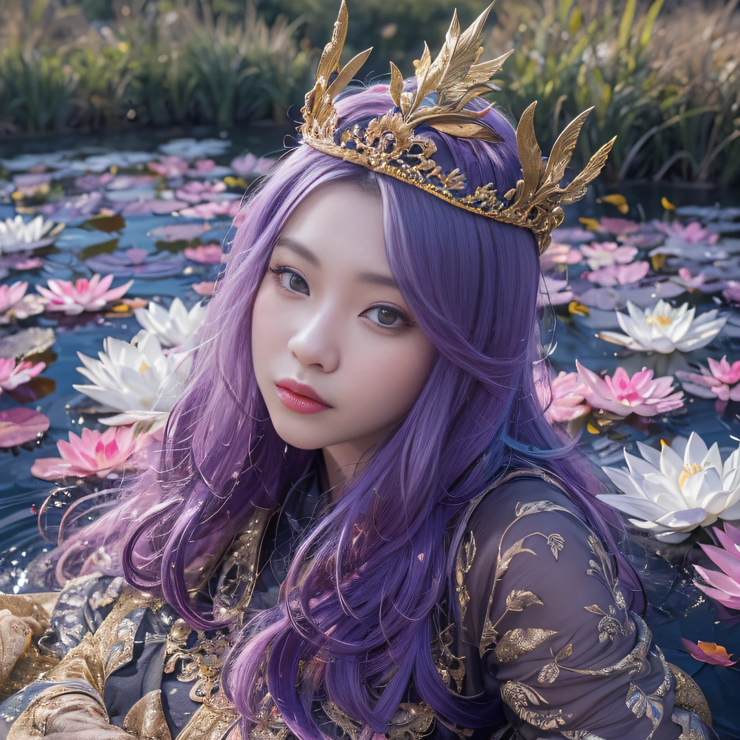 Genki Girl 32K（tmasterpiece，k hd，hyper HD，32K）Long flowing bright purple hair，Autumn Pond，zydink， a color， Asian people （Genki girl）， （Silk scarf）， Combat posture， looking at the ground， long whitr hair， Floating bright purple， Fire cloud pattern gold tiara， Chinese long-sleeved gold silk garment， （Abstract metaverse splash：1.2）， white backgrounid，Lotus vitality protector（realisticlying：1.4），Bright purple hair，Smoke on the road，The background is pure， A high resolution， the detail， RAW photogr， Sharp Re， Nikon D850 Film Stock Photo by Jefferies Lee 4 Kodak Portra 400 Camera F1.6 shots, Rich colors, ultra-realistic vivid textures, Dramatic lighting, Unreal Engine Art Station Trend, cinestir 800，A girl with long flowing bright purple hair