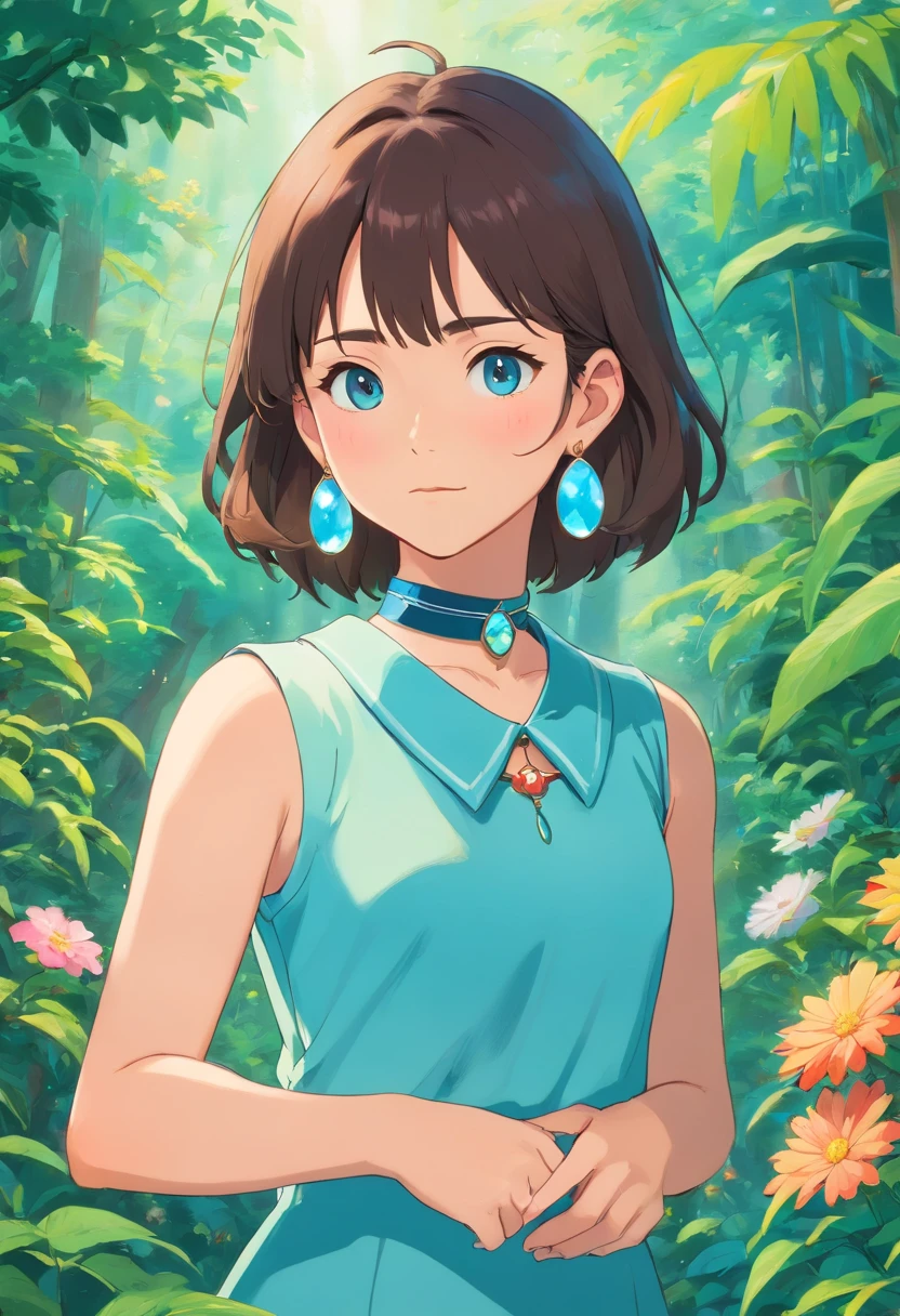 a girl wearing an anime collar, a long necklace and earrings, in the style of tranquil gardenscapes, colorful animation stills, masami teraoka, aquamarine, paul gauguin, Embry style, honest portrayal