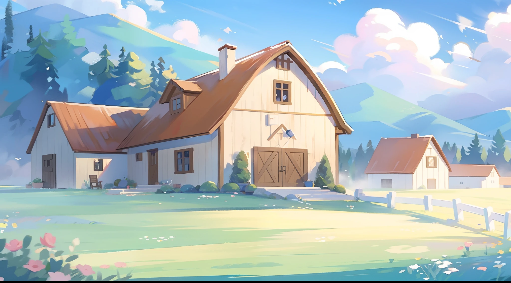 watercolor, children's storybook illustration, clouds, colorful, pastel colors, bright, ((masterpiece)), ((best quality)), 8k, intricate detail, high resolution, highly detailed environment, perfect architecture, sharp focus, highly detailed, fine detail, masterpiece, best quality, tiny details, watercolor storybook illustration, ((countryside)), watercolor illustration, whimsical, bright colors, huge farmhouse mansion, ((barn)), sharp details, colorful flowers