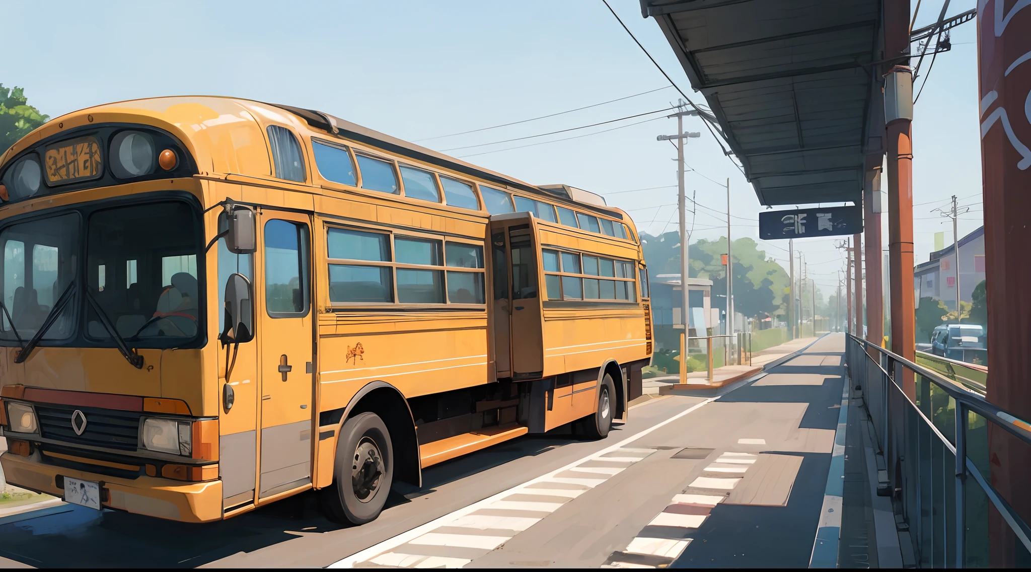 background, Empty school bus in Japan, Anime style, Cartoon background