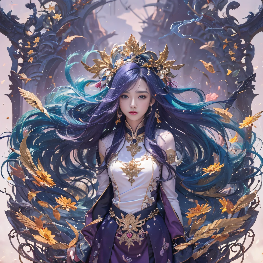 Genki Girl 32K(tmasterpiece,k hd,hyper HD,32K)Long flowing bright purple hair,Autumn Pond,zydink, a color, Asian people (Genki girl), (Silk scarf), Combat posture, looking at the ground, long whitr hair, Floating bright purple, Fire cloud pattern gold tiara, Chinese long-sleeved gold silk garment, (Abstract metaverse splash:1.2), white backgrounid,Lotus vitality protector(realisticlying:1.4),Bright purple hair,Smoke on the road,The background is pure, A high resolution, the detail, RAW photogr, Sharp Re, Nikon D850 Film Stock Photo by Jefferies Lee 4 Kodak Portra 400 Camera F1.6 shots, Rich colors, ultra-realistic vivid textures, Dramatic lighting, Unreal Engine Art Station Trend, cinestir 800,A girl with long flowing bright purple hair