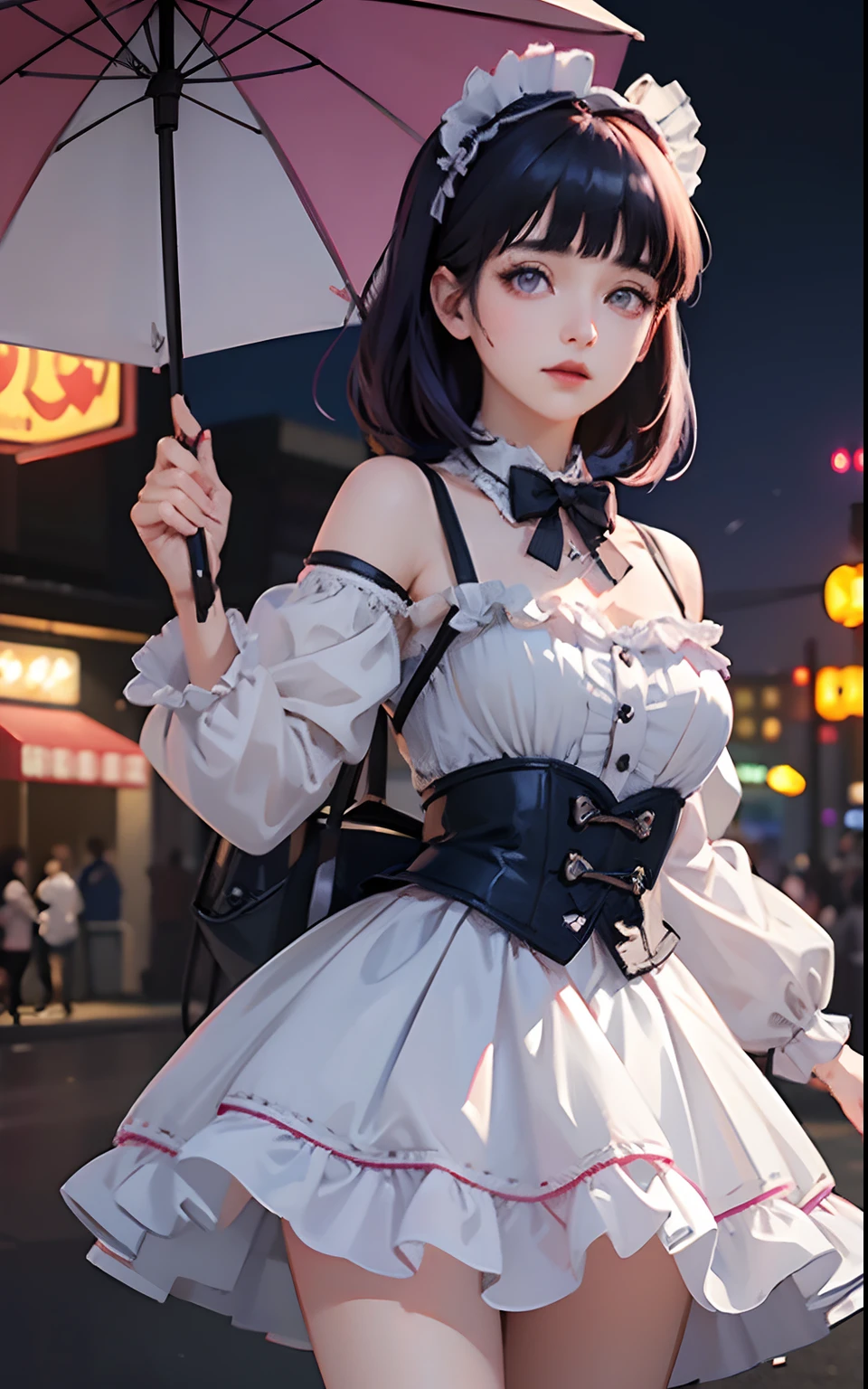 1girl, solo,mix4, (realistic:1.1), (photorealistic:1.1), (masterpiece:1.1), (best quality:1.1), ultra detailed, looking at viewer,sweet_lolita,standing , natural lighting, depth of field, (pureerosface_v1:0.8), amusement park in the background,(night), Blunt Bangs, purple eyes, dark blue hair