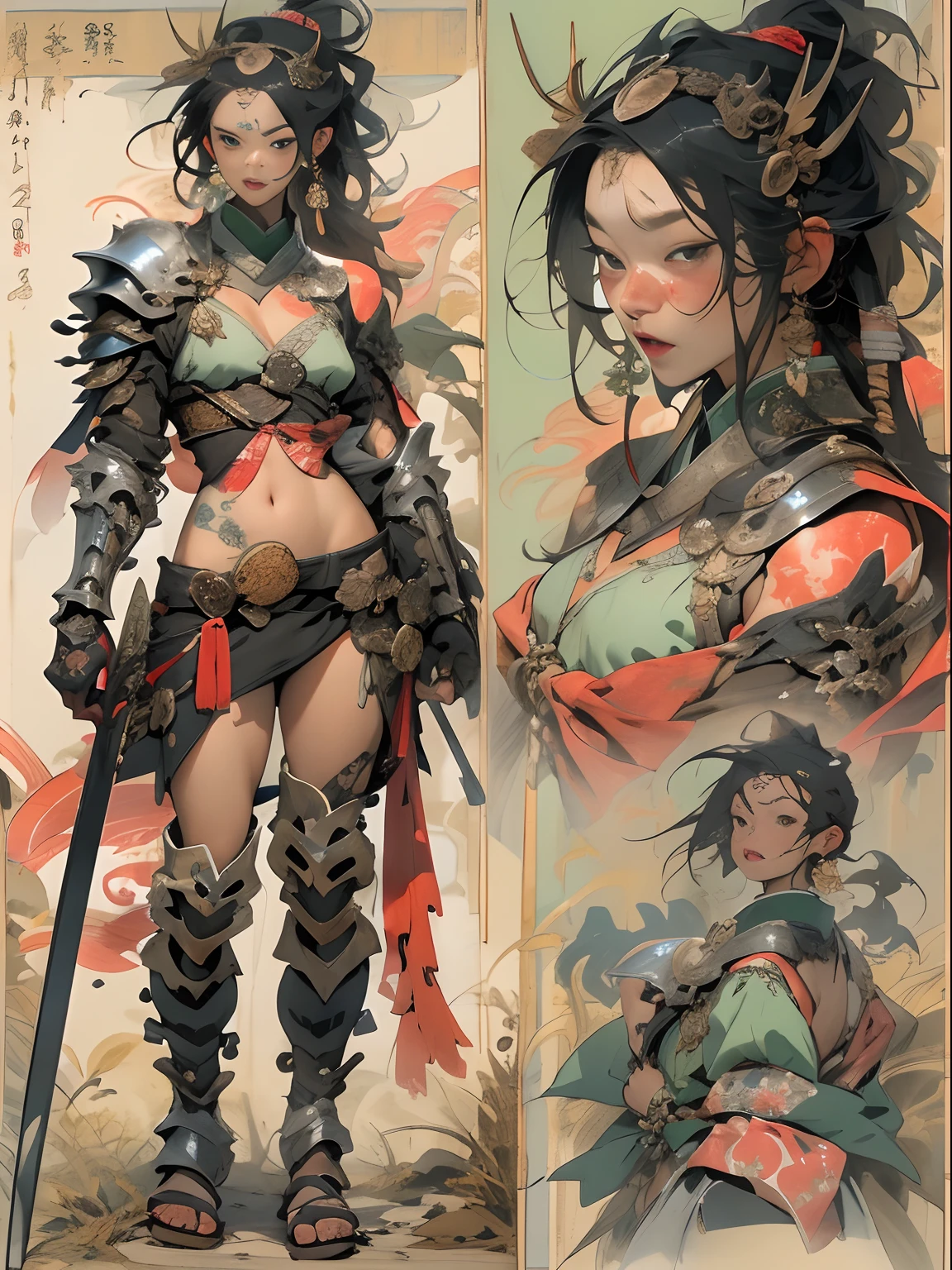 (high resolution, pixel perfect, gorgeous illustrations), (hyper quality, muste piece, etheric: 1.4), (((cowboy shot))), face focus, ((1girl)), (((Androgynous, boyish))), (((15 years old))), (((((punk))))), hot Rocker punk girl, ((((sexy pose, open stance)))), cool atmosphere, black hair, ((((very_short_hair, slicked_back_hair)))), (((piercing))), eyelid_piercing, nose_piercing, (((Exquisite face, aroused))), blush, tattoo, ((((muscular_female)))), (ideal ratio body proportions, slender, flat chest), fighter, ((((wh_chi_armor)))), ((highleg_leotard_armor)), (((cameltoe))), shiny skin, gleaming skin, simple background,