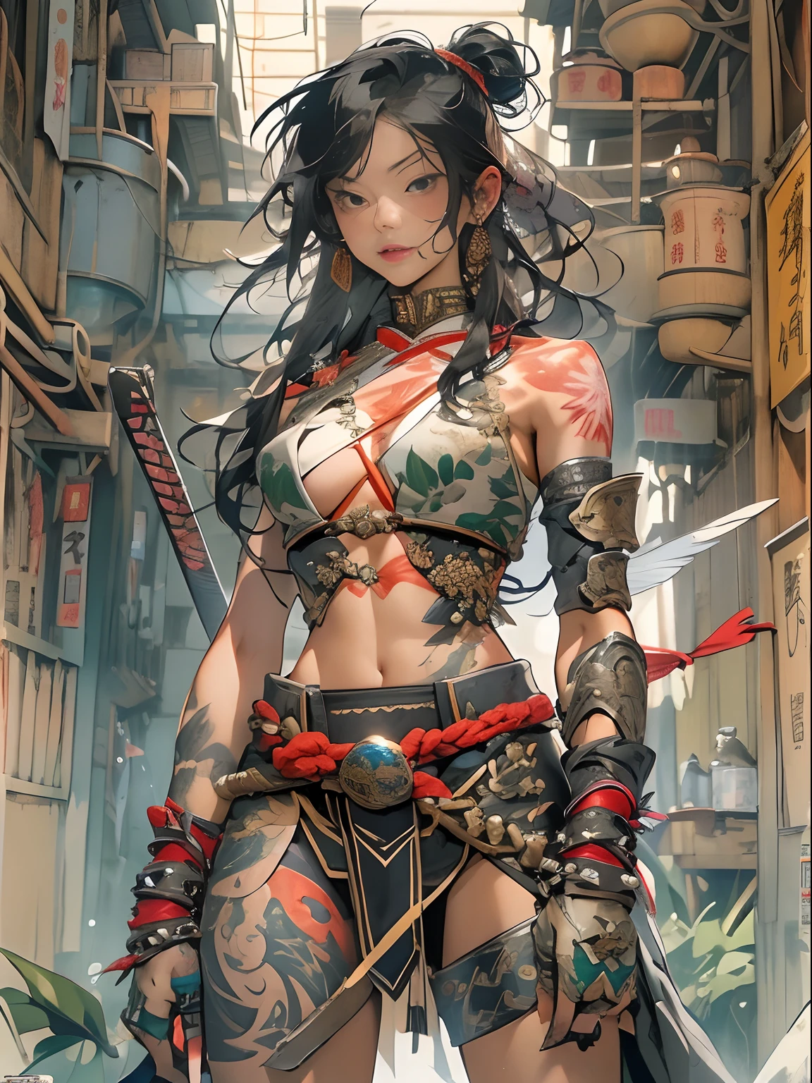 (((woman))), (((best qualityer))), (((tmasterpiece))), (((AS-Adult))), ((( Japanese ))), Look up from your knees, A beautiful asian samurai woman with perfect body, Modern samurai, ((( Asian))), Wear gloves on your hands,The left arm is made of steel and metal tips,Made of protective devices, The eyes are pulled, (( Appears below the breast )), (( Small dental floss )), Simon Bisley, Almost naked(Simon Bisley)Castle City Wilderness,For high-resolution posters, hair straight, Minimum clothing, armure (Crazy clothes ), Full of tips and rivets, tribal tattoos, (((full bodyesbian))), Straight brunette hair,Colored hair ends