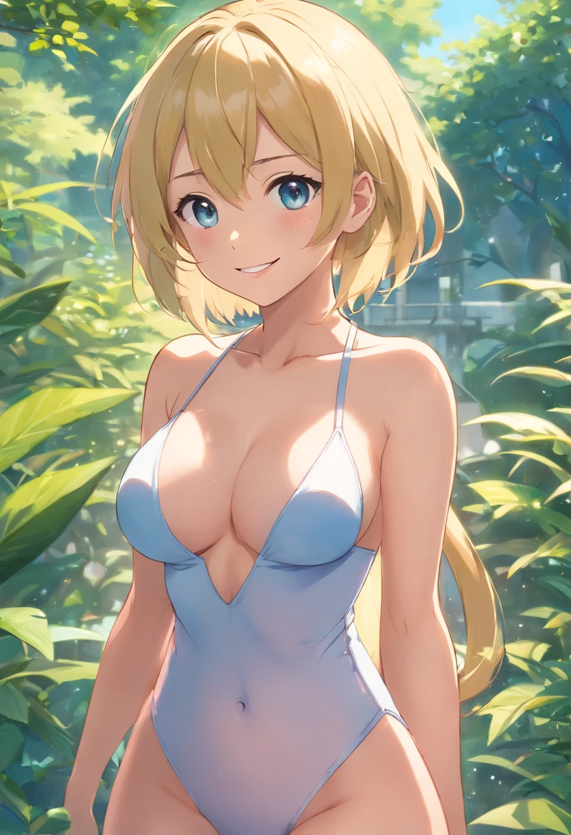 ,女の子1人,blondes Haar,dunkelblaue Raute auf der Stirn,large chest,perfect round breasts,Perfect Body,schmale Taille,sexy body,,symmetrisches Gesicht,Sharpness,Scharfer Fokus,Extrem detaillierte Kleidung,cute smile,Blick auf den Betrachter,Stillstand,Aufrecht stehend,Beautiful garden in the background,Vortex-Kamera,hyperrealistisch,Anime-Stil,Nahaufnahme Fotografie,uppebody,nackt,nackt,Sex,NSFW,Show breasts,Brustwarzen anzeigen,Nacktheit,