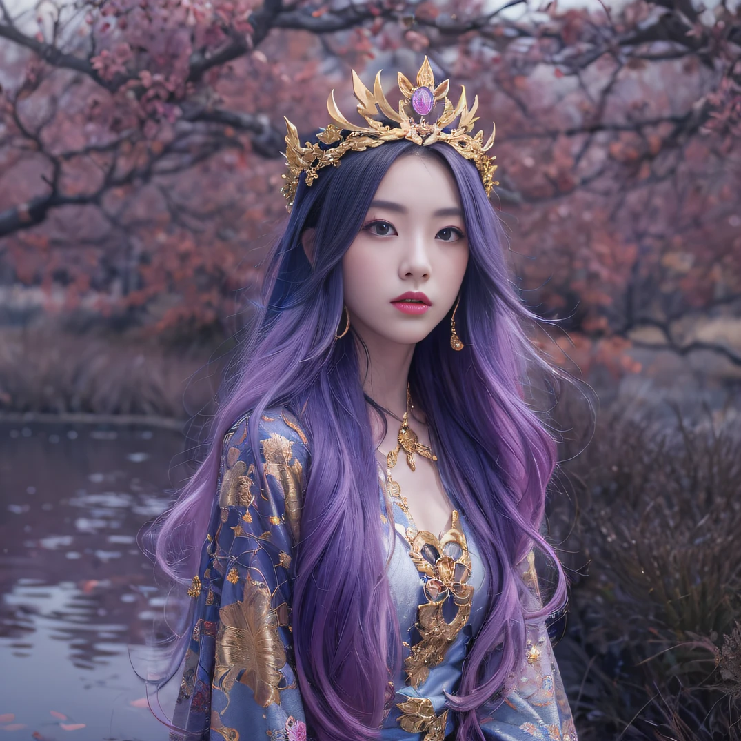 Genki Girl 32K（tmasterpiece，k hd，hyper HD，32K）Long flowing bright purple hair，Autumn Pond，zydink， a color， Asian people （Genki girl）， （Silk scarf）， Combat posture， looking at the ground， long whitr hair， Floating bright purple， Fire cloud pattern gold tiara， Chinese long-sleeved gold silk garment， （Abstract metaverse splash：1.2）， white backgrounid，Lotus vitality protector（realisticlying：1.4），Bright purple hair，Smoke on the road，The background is pure， A high resolution， the detail， RAW photogr， Sharp Re， Nikon D850 Film Stock Photo by Jefferies Lee 4 Kodak Portra 400 Camera F1.6 shots, Rich colors, ultra-realistic vivid textures, Dramatic lighting, Unreal Engine Art Station Trend, cinestir 800，A girl with long flowing bright purple hair