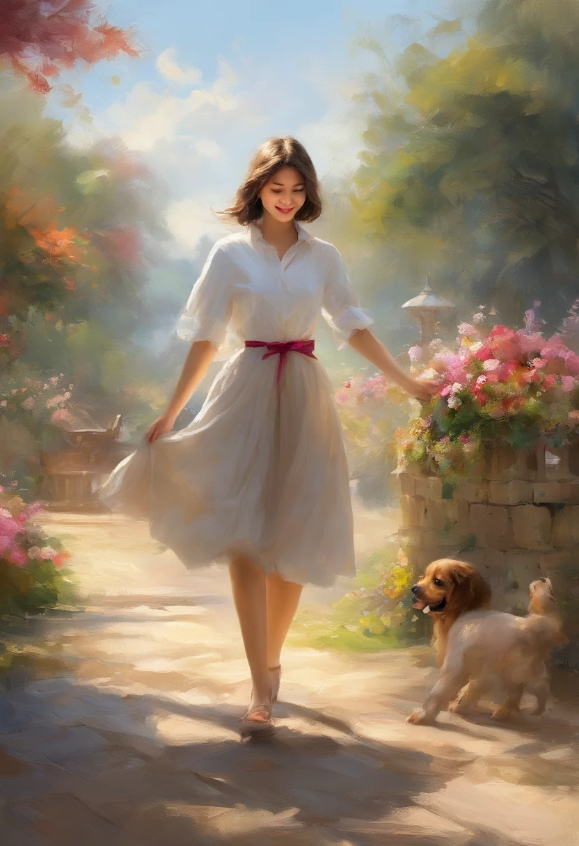the masterpiece, highest quality, morning walk, a puppy, a girl, cloud girl, floating in the sky, close-up, glowing light, happiness, fresh morning sunlight, (spark:0.7), walking, landscape、(8K、Raw photography、top-quality、masterpiece:1.2)、(realisitic、Photorealsitic:1.37)、ultra-detailliert、
1 girl in、cute little、独奏、Beautiful detailed sky、Detailed Cafe、natta、Standing、date、(blush of the nose)、(A smile:1.1)、(Mouth closed)、tiny chest、seducting smile、Night amusement park、merry-go-round、profetional lighting、Sony A7R4、Zessie 50mm f1.8、
medium breasts、Beautiful Detail Eye、(shirt with collar:1.1)、a bow tie、pleatedskirt、(short-hair:1.2)、Floating hair、Happy smile、Happy smile、17 year old girl