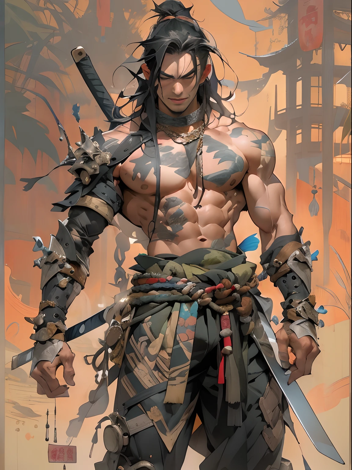 (((mtu))), (((best qualityer))), (((tmasterpiece))), (((AS-Adult))), ((( Japanese ))), Look up from your knees, Handsome Asian samurai,perfect body figure, Modern samurai, ((( Asian))), Wear gloves on your hands,The left arm is made of steel and metal tips,Made of protective devices, The eyes are pulled, (( Appears below the chest )), (( Small dental floss )), Simon Bisley, Almost naked(Simon Bisley)Castle City Wilderness,For high-resolution posters, hair straight, Minimum clothing, armure (Crazy clothes ), Full of tips and rivets, tribal tattoos, (((full bodyesbian))), Straight brunette hair,Colored hair ends
