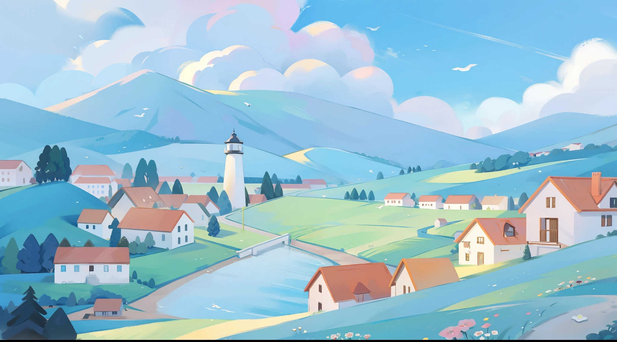 watercolor, children's storybook illustration, clouds, colorful, pastel colors, bright, ((masterpiece)), ((best quality)), 8k, intricate detail, high resolution, highly detailed environment, perfect architecture, sharp focus, highly detailed, fine detail, masterpiece, best quality, tiny details, watercolor storybook illustration, ocean fantasy, watercolor illustration, vibrant colors, village, buildings, houses, lighthouse, ships