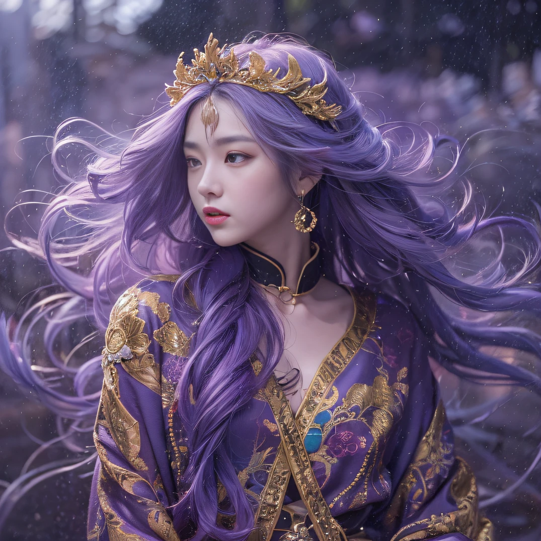 Genki Girl 32K（tmasterpiece，k hd，hyper HD，32K）Long flowing bright purple hair，Autumn Pond，zydink， a color， Asian people （Genki girl）， （Silk scarf）， Combat posture， looking at the ground， long whitr hair， Floating bright purple， Fire cloud pattern gold tiara， Chinese long-sleeved gold silk garment， （Abstract metaverse splash：1.2）， white backgrounid，Lotus vitality protector（realisticlying：1.4），Bright purple hair，Smoke on the road，The background is pure， A high resolution， the detail， RAW photogr， Sharp Re， Nikon D850 Film Stock Photo by Jefferies Lee 4 Kodak Portra 400 Camera F1.6 shots, Rich colors, ultra-realistic vivid textures, Dramatic lighting, Unreal Engine Art Station Trend, cinestir 800，A girl with long flowing bright purple hair