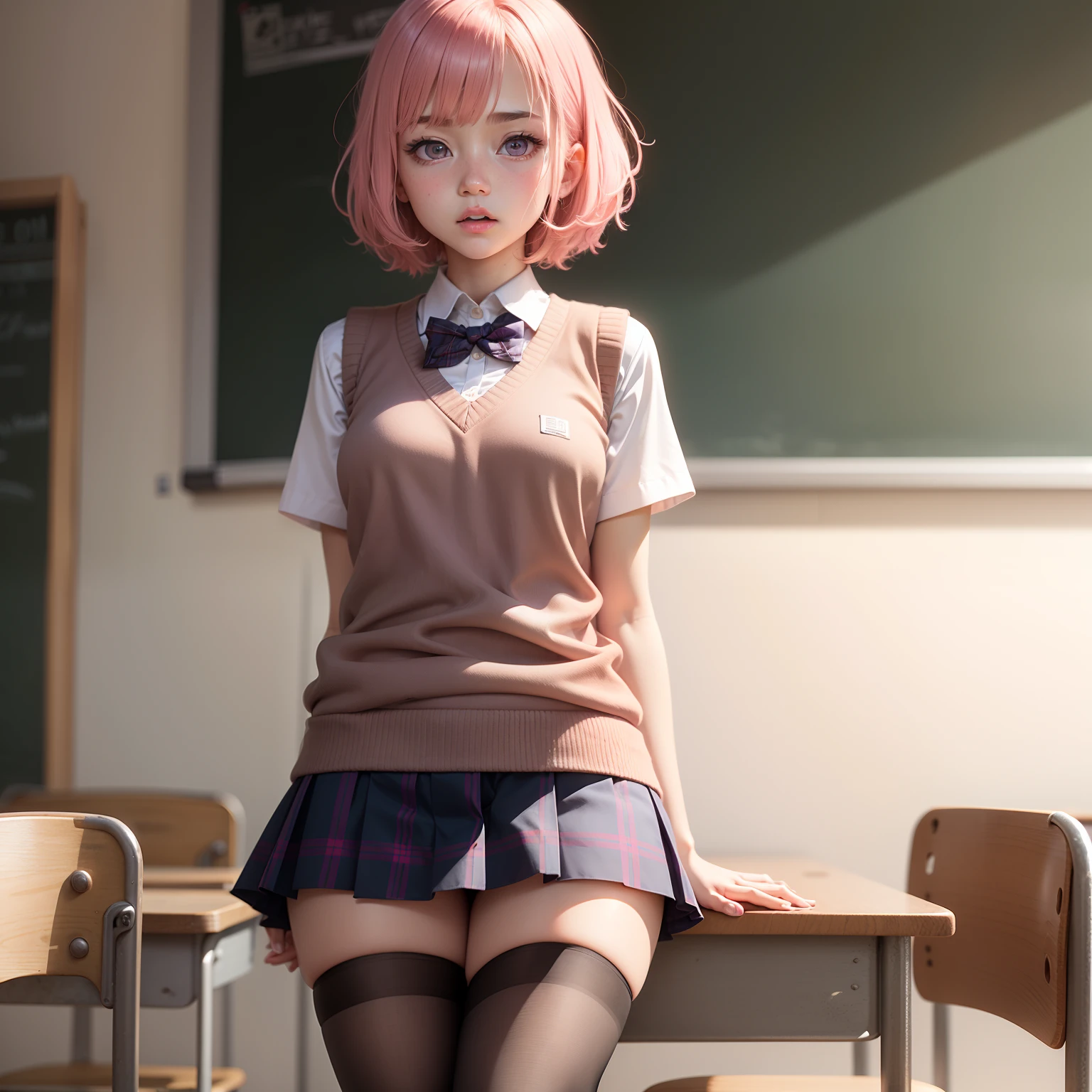 (masterpiece, best image quality, smile, beautiful schoolgirl full of charm, sweater dress, high resolution, sexy style, socks, shoes, schoolhouse, limb details, 16K, radiant skin, panties: 1.1), perfect human figure, short bob cut, pink hair,