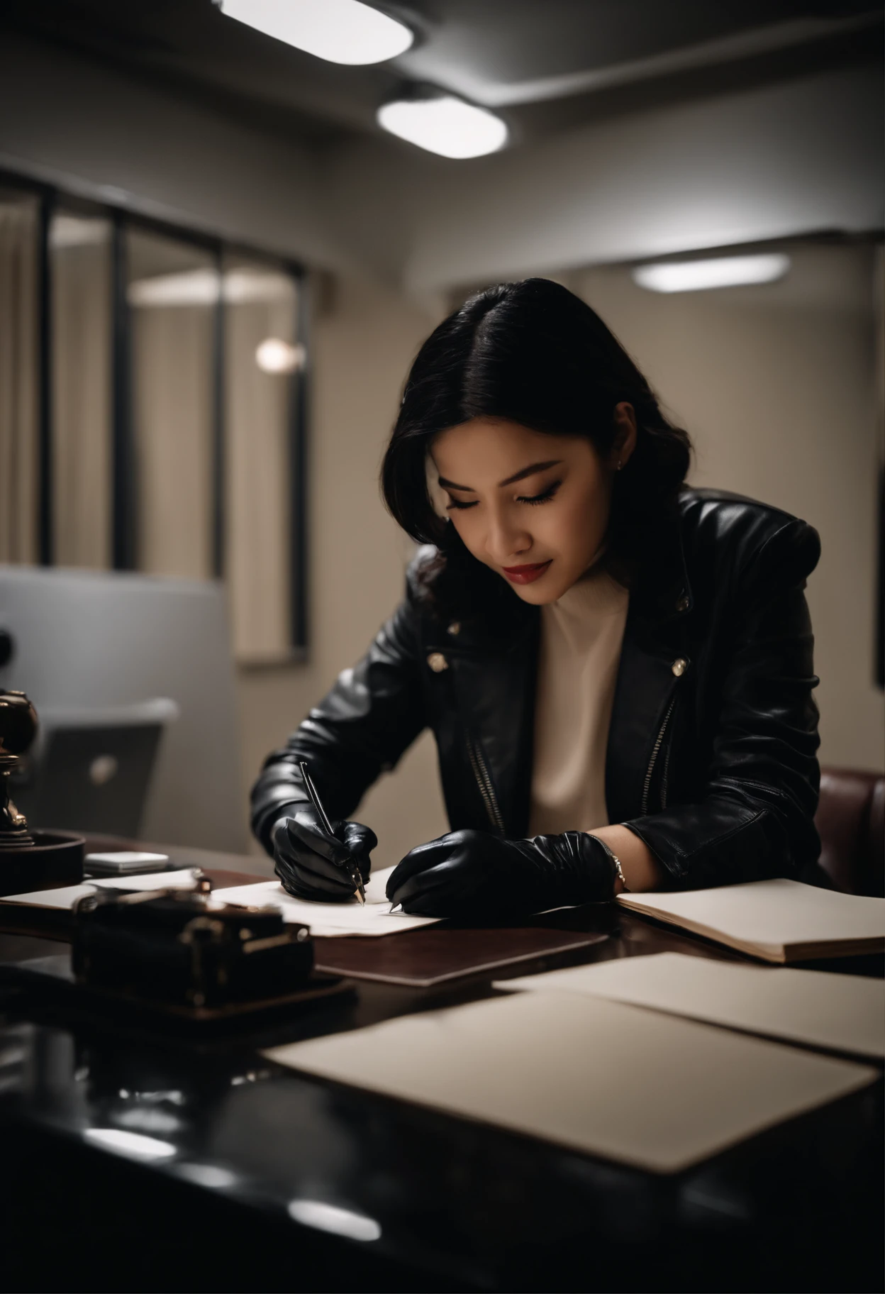 Wearing black leather gloves in both hands, upper body, black leather rider jacket, facing the desk in the dark study, looking down and smiling, writing a letter using a fountain pen, black hair long straight, young Japanese woman (black leather gloves cover both hands)