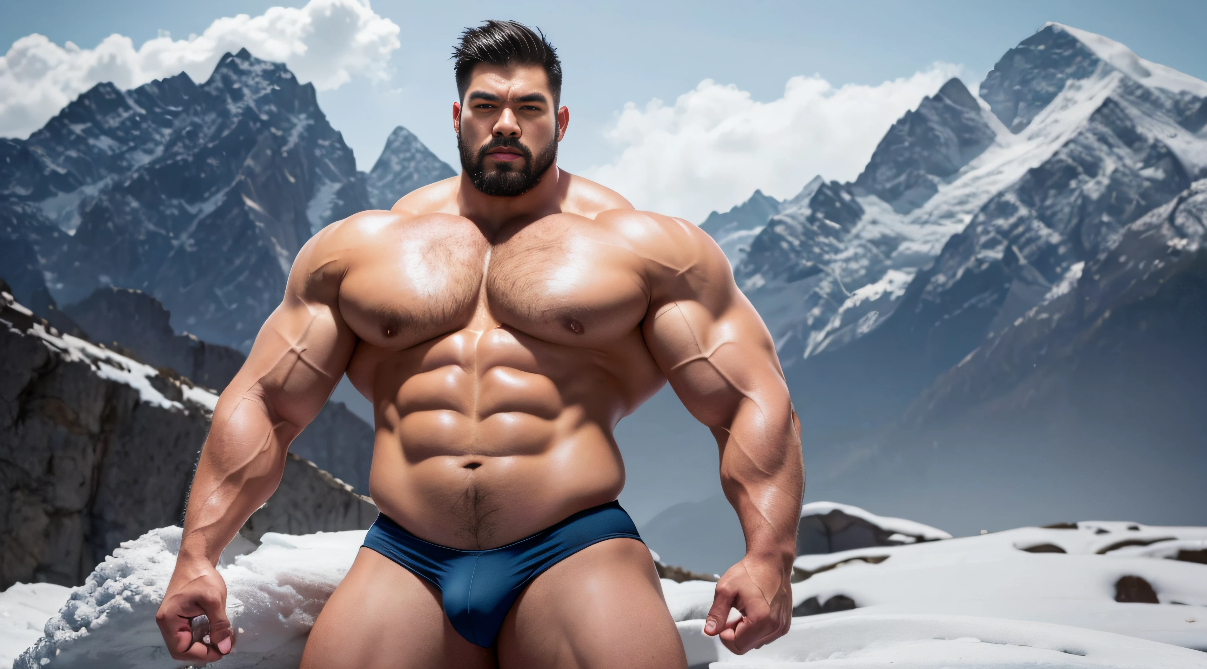 Very handsome，Chinese Thor，standing in the snowy mountain，short detailed hair，short mustache，Wear bright gold thongs，Perfect figure with tattoos, Very huge and strong body, Bulging muscles, musculous, Very large pectoral muscles，Very sexy abs，The legs are muscular，Tall and mighty，Exposed Body,Wear bright gold thongs，Tall and burly，toned figure，Huge raised genital area，Brightens oily skin，Muscular，hulk body type，photo hyper realistic, artsy photography, oil on the canvas, hyper HD, 32K, super sharp focus,