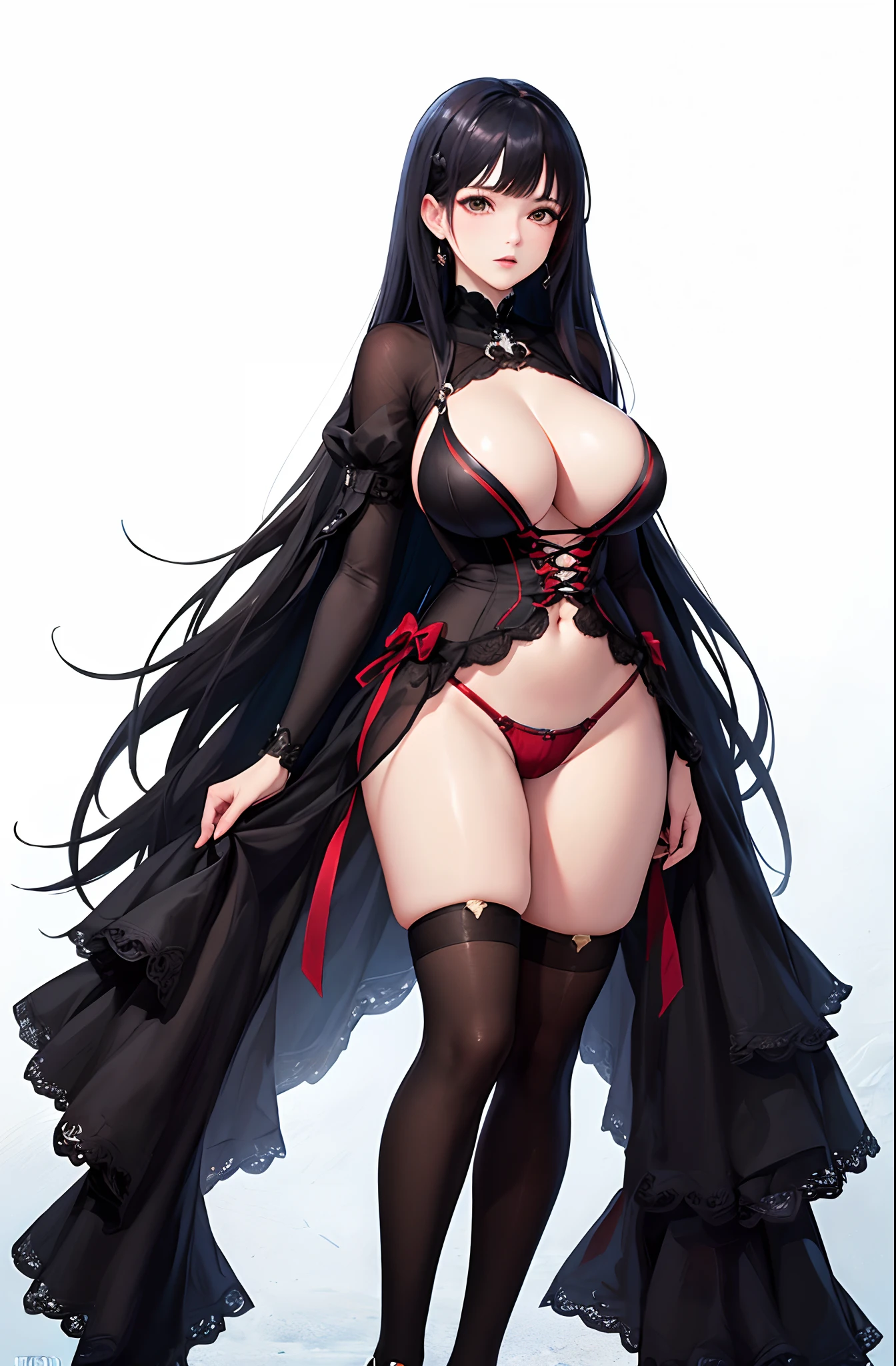 (((​masterpiece、top-quality、top-quality、Official art、Beautifully Aesthetic:1.2)))、Sheer clothes、(1girl in:1.3)、、ighly detailed、highestdetailed、A dark-haired、(((Red underwear)))、(((shinny skin)))、(((Colossal tits)))、Large Thigh、Sheer areol、(((Black Knee High Socks)))