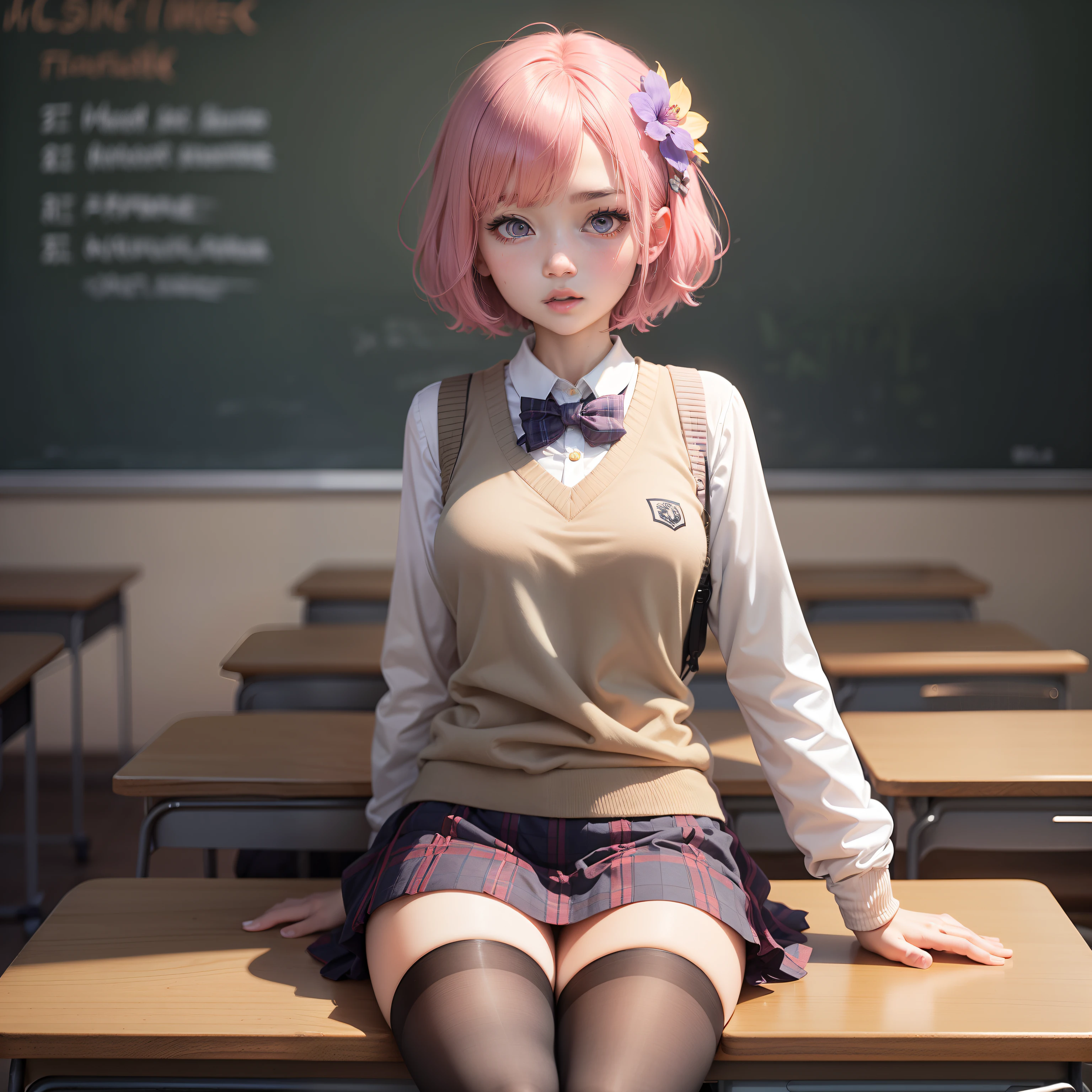 Classroom during class,PH Momo, momohd, phmomo, Solo, 1girl in, Pink hair, Purple eyes, Short hair, Hair Flower, Sweater Vest, School uniform, Big eyes, plaid skirts, black thighhighs,embarrassed