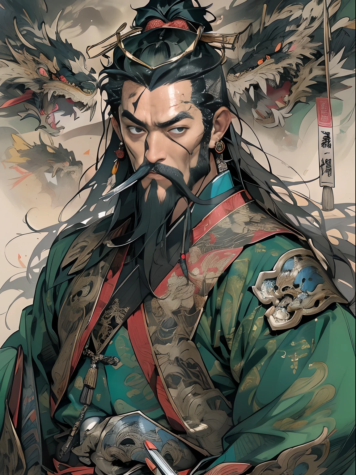 (((China-style，Ink painting method，Half-length portrait，Intense color，Han dynasty, China，Hanfu，Armor，Guan yu，Guan Yunchang，of a guy，Ruddy killing square face，Hold the Blue Dragon Moon Knife in his right hand，Stroke your beard with your left hand，Long hair，petty eyes，Green robe))), (((best qualityer))), (((tmasterpiece))), (((AS-Adult))), ((( Japanese ))), Look up from your knees, Handsome Asian samurai，perfect body figure, Modern samurai, ((( Asian))), Wear gloves on your hands，The left arm is made of steel and metal tips，Made of protective devices, The eyes are pulled, (( Appears below the chest )), (( Small dental floss )), Simon Bisley, Almost naked（Simon Bisley）Castle City Wilderness，For high-resolution posters, hair straight, Minimum clothing, armure (Crazy clothes ), Full of tips and rivets, tribal tattoos, (((full bodyesbian))), Straight brunette hair，Colored hair ends