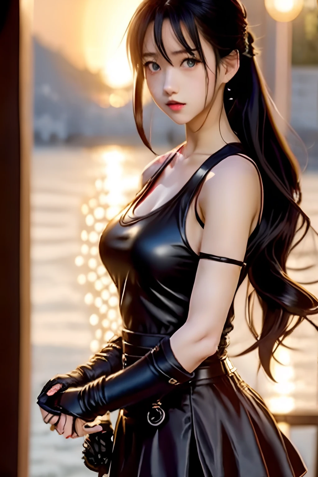 Anime,Tifa lockhart, anime style, blue eyes, White Tank Top, Black small skirt, black Red sleeves, black Red glove on the right hand, long black boots,Black hair, yellow coat,asian girl,high_school_girl,