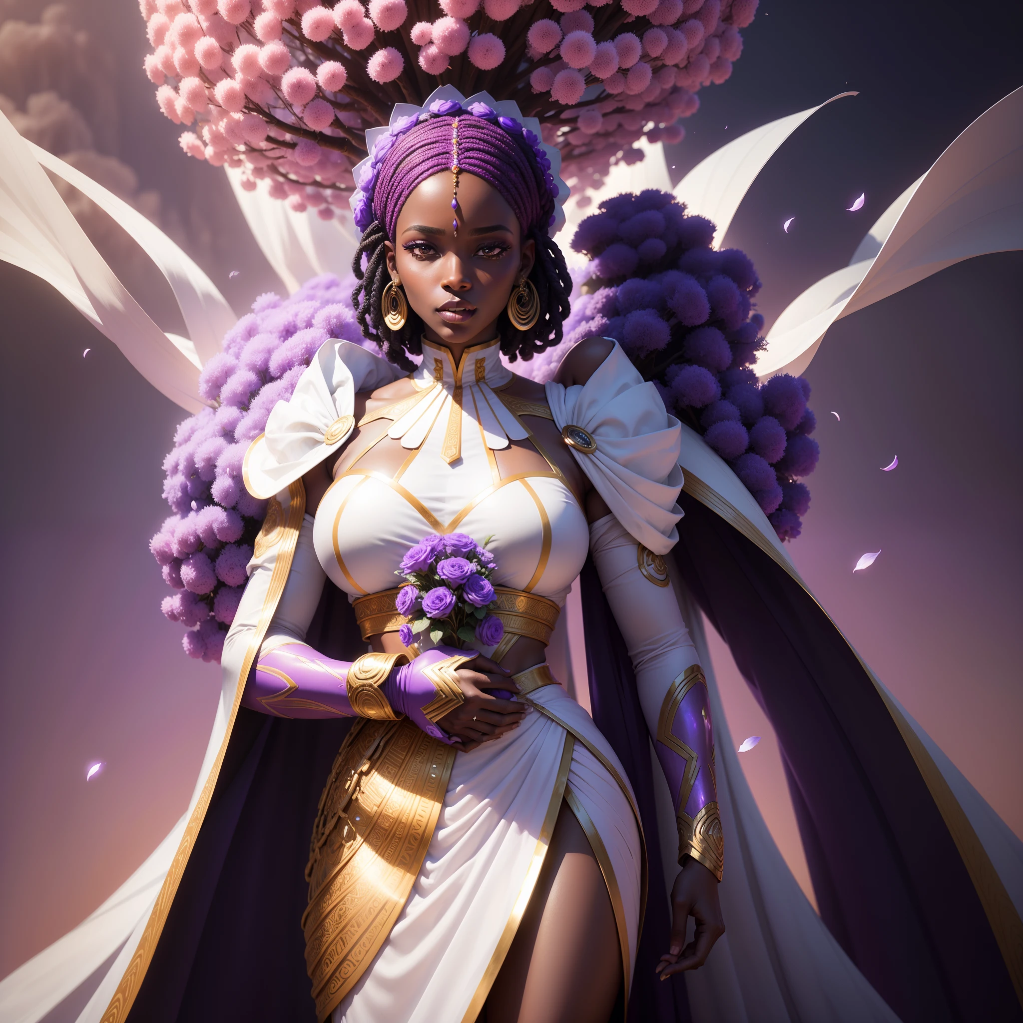 African man wedding African woman with congregation watching them, all wearing African traditional clothes in an African futuristic Exo planet, falling purple petals in scene, the whole scene in white colour, white smoke in scene, with iridescent light, photorealistic image, 32k, ultra HD, cinematic lighting, artgerm style, highly detailed images, vibrant and beautiful colours,