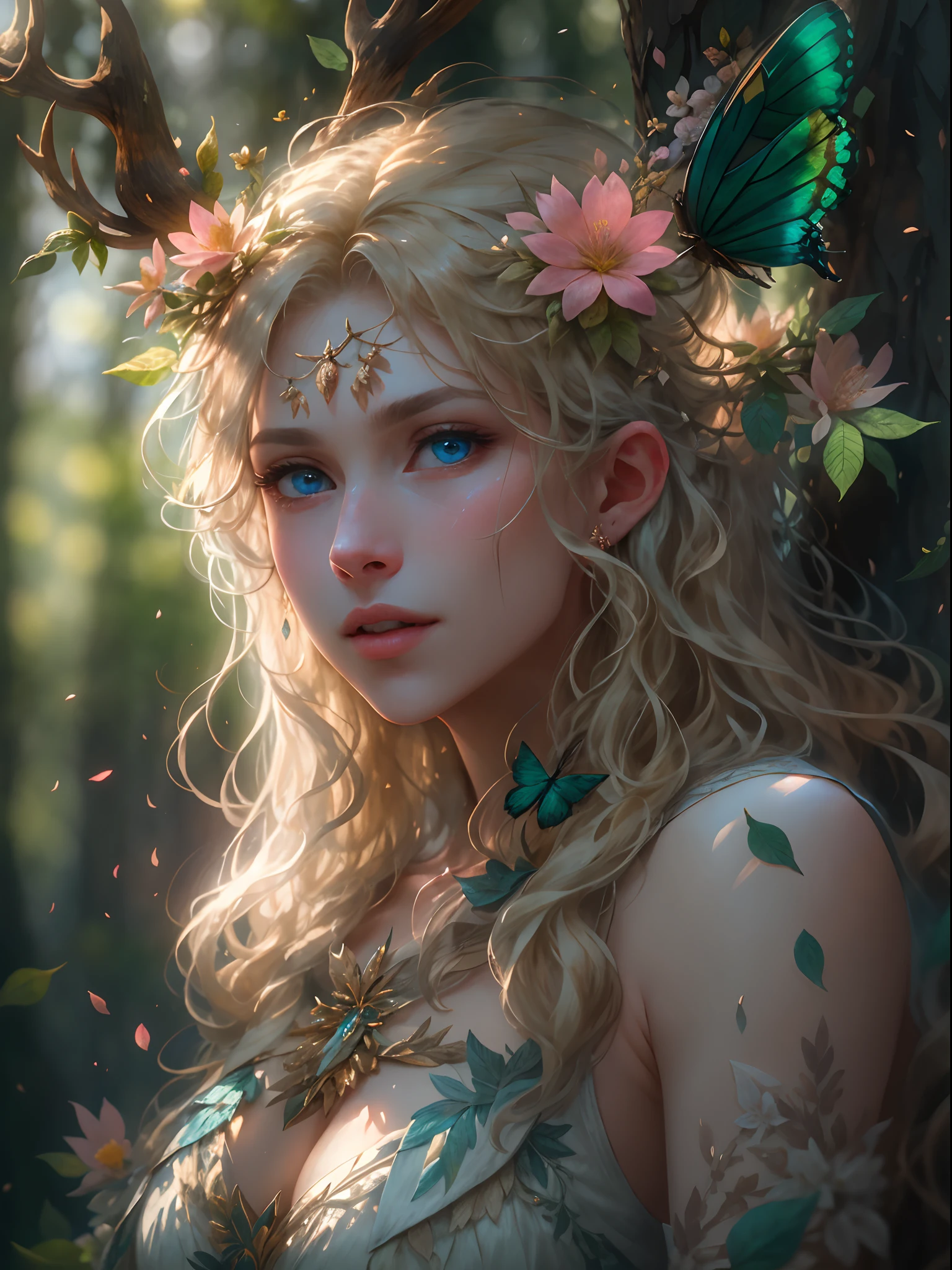 （realisticlying：1.35），（concept-art），（cowboy lens），（Majestic goddess of the forest），（Gorgeous face，big breasts enchanting，Amazing），（Long, Flowing light blonde hair），A humanoid body composed entirely of flowers and leaves，（Beautiful skin is green，Made of complex leaves and vines），（Antlers on the head），（pointy ears），（Shining blue eyes），Lush big breasts（an enchanted forest）Background with，butterflys：0.35，leafs， blooming light effect， blossoms：0.4， God Ray， Light and dust， realistic skin textures， （The light from the back window is backlighted）， 复杂， A detailed， highest  quality， hasselblatt， Nikon D850， Natural stereo lighting， （Good anatomy）， well-composed， （good proportions）， subsurfacescattering， Award-Awarded， tmasterpiece