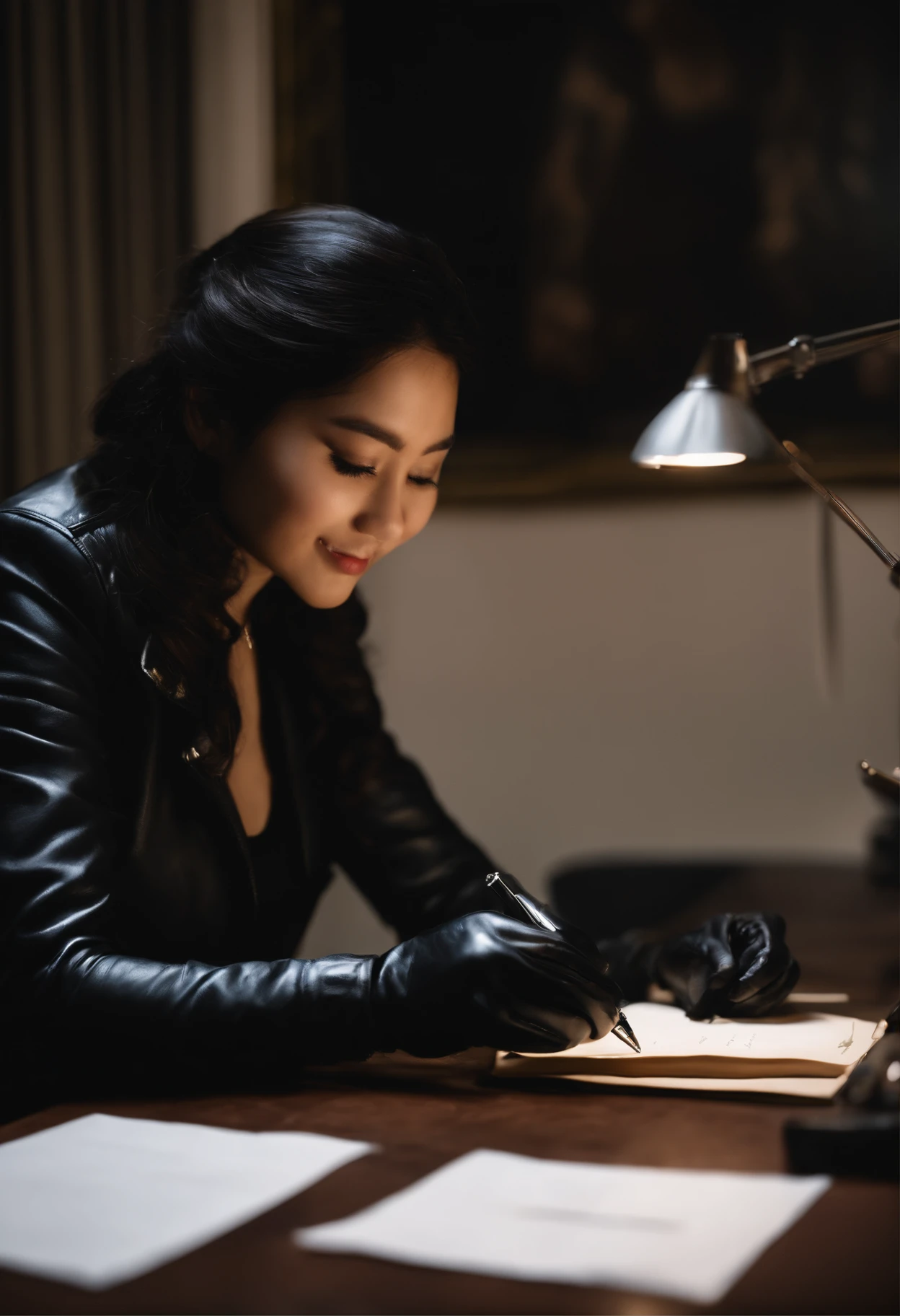 Wearing black leather gloves in both hands, upper body, black leather rider jacket, facing the desk in the dark study, looking down and smiling, writing a letter using a fountain pen, black hair long straight, young Japanese woman (black leather gloves cover both hands)