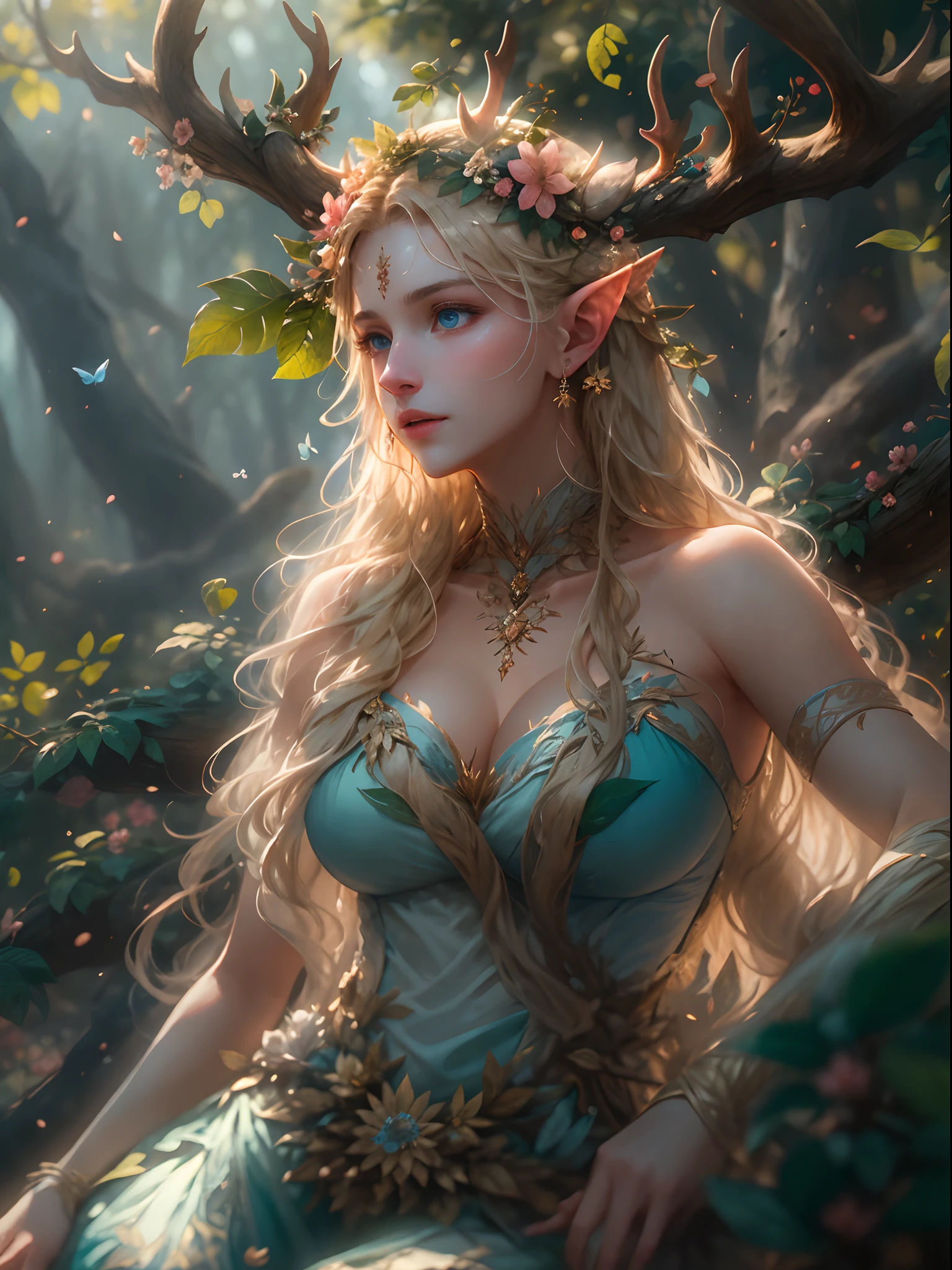 （realisticlying：1.35），（concept-art），（cowboy lens），（Majestic goddess of the forest），（Gorgeous face，big breasts enchanting，Amazing），（Long, Flowing light blonde hair），A humanoid body composed entirely of flowers and leaves，（Beautiful skin is green，Made of complex leaves and vines），（Antlers on the head），（pointy ears），（Shining blue eyes），Lush big breasts（an enchanted forest）Background with，butterflys：0.35，leafs， blooming light effect， blossoms：0.4， God Ray， Light and dust， realistic skin textures， （The light from the back window is backlighted）， 复杂， A detailed， highest  quality， hasselblatt， Nikon D850， Natural stereo lighting， （Good anatomy）， well-composed， （good proportions）， subsurfacescattering， Award-Awarded， tmasterpiece