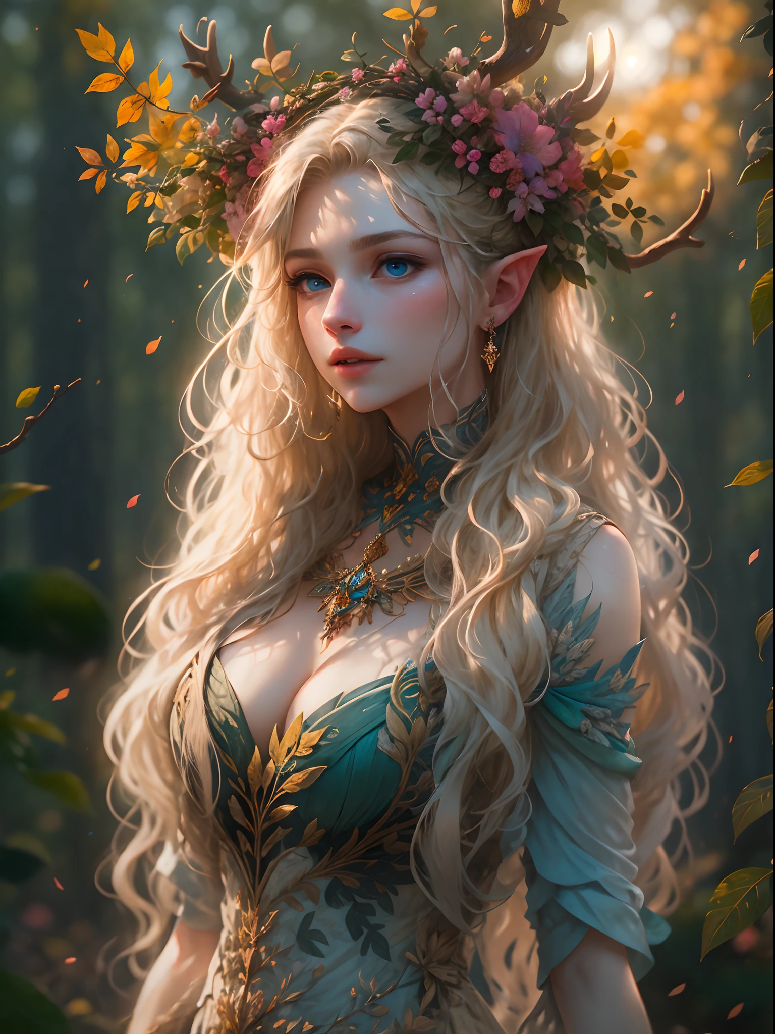 (realisticlying:1.35),(concept-art),(cowboy lens),(Majestic goddess of the forest),(Gorgeous face,big breasts enchanting,Amazing),(Long, Flowing light blonde hair),A humanoid body composed entirely of flowers and leaves,(Beautiful skin is green,Made of complex leaves and vines),(Antlers on the head),(pointy ears),(Shining blue eyes),Lush big breasts(an enchanted forest)Background with,butterflys:0.35,leafs, blooming light effect, blossoms:0.4, God Ray, Light and dust, realistic skin textures, (The light from the back window is backlighted), 复杂, A detailed, highest quality, hasselblatt, Nikon D850, Natural stereo lighting, (Good anatomy), well-composed, (good proportions), subsurfacescattering, Award-Awarded, tmasterpiece