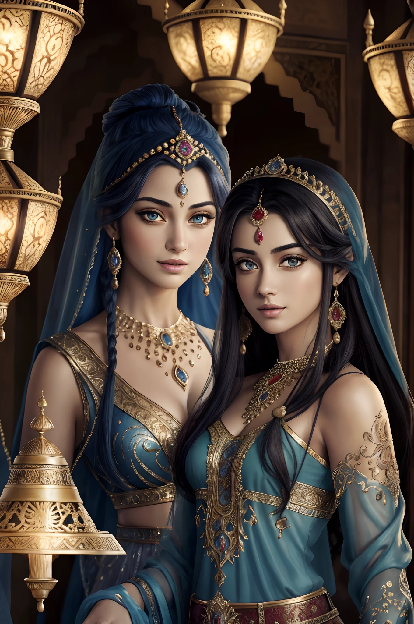 ((realistic:1.5)),((best quality)), ((masterpiece)),((detailed)),2girls,duo,{2 beautiful female}, (upper body:1.3),hugging and touching each other, teasing her friend's waist, gasping friend, biting her friend's ear lobe, squatting,super-wide-angle lens,face focus,long legs,curvy, barefoot, medium breasts, open cleavage,long black hair,floting hair,long eyelashes, (detailed face,beautiful eye, detailed pupilss,detailed clothes features, clear background:1.3), (Bindi,Jhumkas:1.3),mysterious ancient ruin, lush forests, deep canyons,bridge,river,cliff,cloud,lakes,rock,waterfalls, flowers, grass,vine,tree,bright details,sharp,perfect composistion, Intricate, Sharp focus, dramatic,