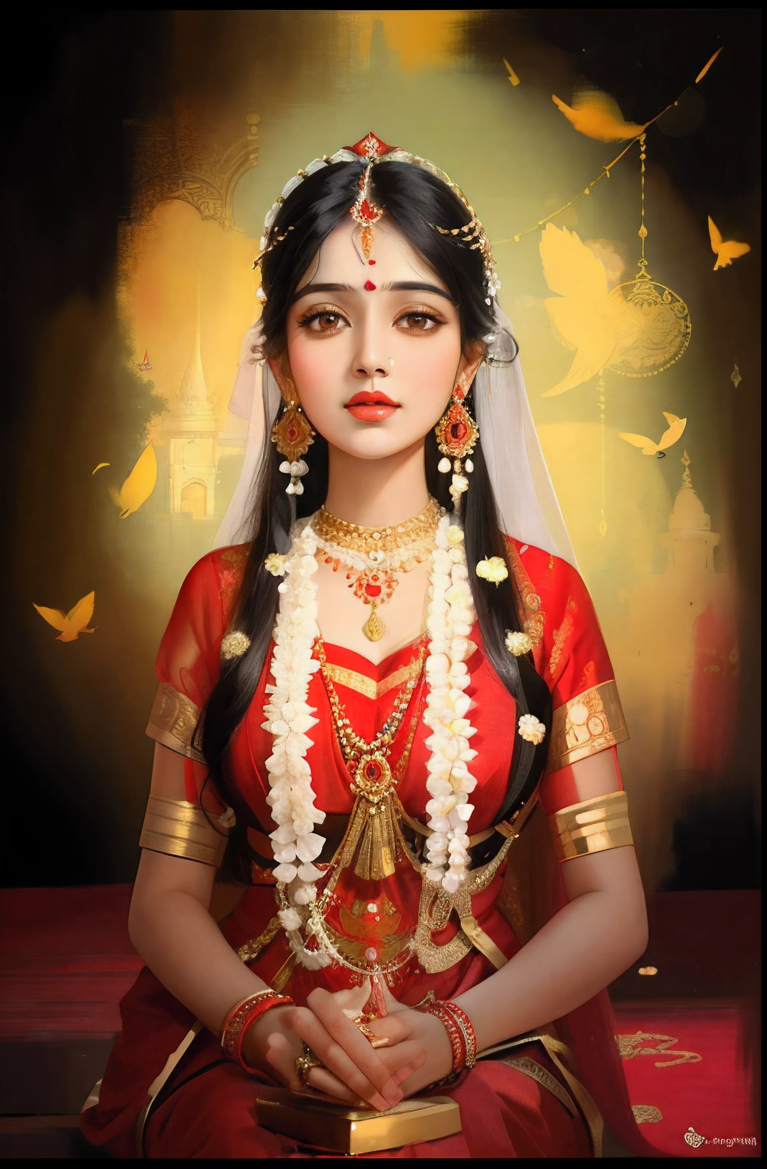 a painting of a woman in a red dress with a bird in her hand, inspired by Raja Ravi Varma, traditional beauty, inspired by T. K. Padmini, indian goddess, beautiful avatar pictures, beautiful digital artwork, hindu aesthetic, traditional art, indian goddess of wealth, fanart, beautiful character painting, assamese aesthetic, beautiful digital art, shri radha rani