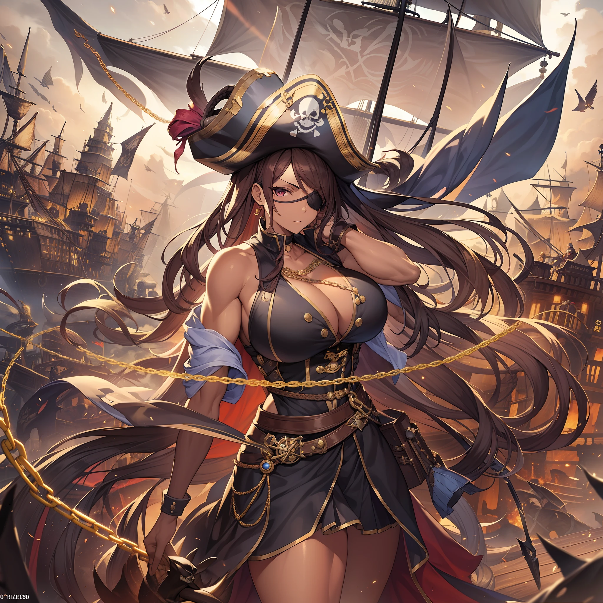 ​masterpiece++、top-quality++、ultra-definition++、ultra-definition++、4k++、8k++、from side、（Background Focus）++、Sexy-dressed woman travels on the deck of a huge pirate ship destroying a city and casts a spell on a brown-skinned, muscular-breasted female pirate group in pirate form with a pirate hat and black eyepatch、Rune of a brown-skinned, muscular colossal breasts female pirate troupe traveling on the deck of a giant pirate ship、The magic of a group of brown skinned and muscular female pirates traveling on the deck of a giant pirate ship、A group of brown skinned and muscular female pirates traveling on the deck of a huge pirate ship flying above、A brown skinned and muscular female pirate sorcerer traveling on the deck of a giant pirate ship、Goddess of the group of big-breasted female pirates with brown skin and muscular pirate appearance with a pirate hat, black eyepatch, and pirate appearance traveling on the deck of a huge pirate ship、detailed fantasy art、fantasy art style、Blake Brown skin and muscular big breasts pirate witch traveling on the deck of a beautiful ancient giant pirate ship、Queen of a group of brown skinned and muscular female pirates traveling on the deck of a huge pirate ship、Fantasy Art Behans、A brown skinned and muscular female pirate sorcerer traveling on the deck of a giant pirate ship、A muscular, muscular, brown-skinned, muscular, colossal breasts female pirate troupe traveling on the deck of a beautiful giant pirate ship、Fragments of a muscular, brown-skinned, muscular-breasted female pirate troupe traveling on the deck of a shiny floating giant pirate ship with a black eye patch and pirate appearance、A magic circle of brown-skinned, muscular colossal breasts female pirates traveling on the deck of a huge pirate ship with a pirate hat, black eye patch, and pirate appearance、 Sparks of a muscular-skinned and muscular colossal pirate troupe traveling on the deck of a dazzling giant pirate ship with a pirate hat and black eyepatch、Chains of brow