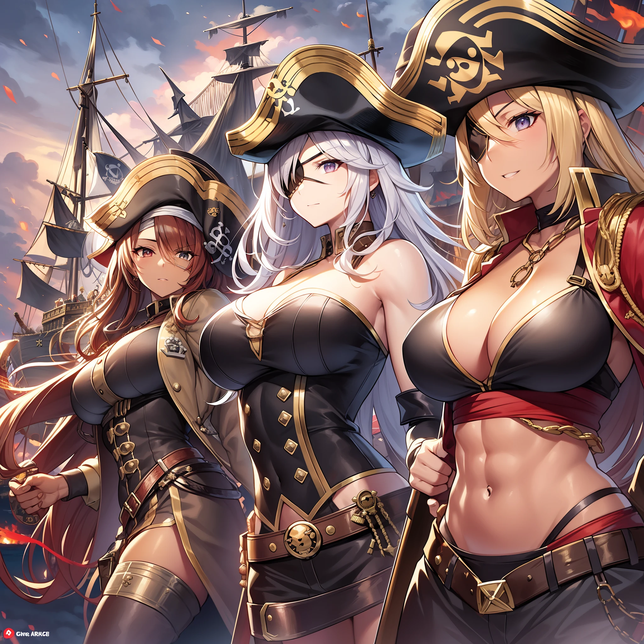 masterpiece++、top-quality++、ultra-definition++、ultra-definition++、4k++、8k++、from side、(Background Focus)++、Sexy-dressed woman traveling on the deck of a huge pirate ship destroying a city Carrying a pirate hat and black eyepatch and pirate figure brown-skinned and muscular big breasts female pirates chanting spells、Traveling on the deck of a giant pirate ship, the rune of a group of brown-skinned, muscular female pirates with a pirate hat, black eyepatch, and pirate appearance、The magic of a group of muskets and sabers traveling on the deck of a giant pirate ship with a pirate hat, black eyepatch and pirate appearance brown skin and muscular female pirates、Traveling on the deck of a giant pirate ship flying above a group of brown-skinned, muscular female pirates with pirate hats, black eyepatches, and pirates、Traveling on the deck of a giant pirate ship with a musket and saber and a pirate hat, black eyepatch and pirate appearance brown skin and muscular big breasts female pirate group magician、Goddess of the group of big breasts female pirates traveling on the deck of a huge pirate ship with a pirate hat, black eyepatch and pirate appearance brown skin and muscular with a musket and saber、detailed fantasy art、fantasy art style、Blake Brown skin and muscular female pirate troupe witch with pirate hat and black eyepatch and pirate figure traveling on the deck of a beautiful ancient giant pirate ship、Queen of the Colossal Female Pirate Troupe with a pirate hat, black eyepatch and pirate appearance brown skin and muscular traveling on the deck of a giant pirate ship、Fantasy Art Behans、Traveling on the deck of a giant pirate ship with a musket and saber and a pirate hat, black eyepatch and pirate appearance brown skin and muscular big breasts female pirate group magician、Traveling on the deck of a beautiful giant pirate ship with a musket and saber and a pirate figure brown skin and muscular big breasts female pirate troupe sorcerer、Fragments of a mussel hat and black e