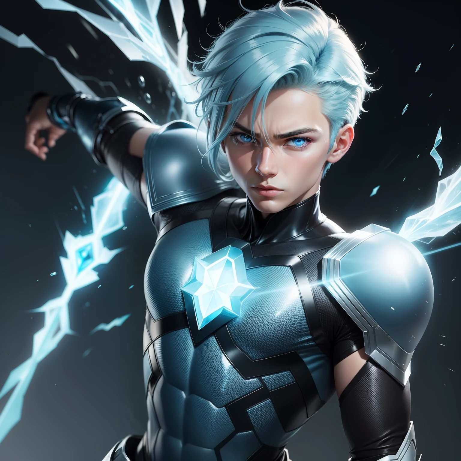 He plays a 13-year-old male superhero with ice powers. He does it with ptetto hair with some light blue strands with light eyes and he has no fly and he is 60 cm.